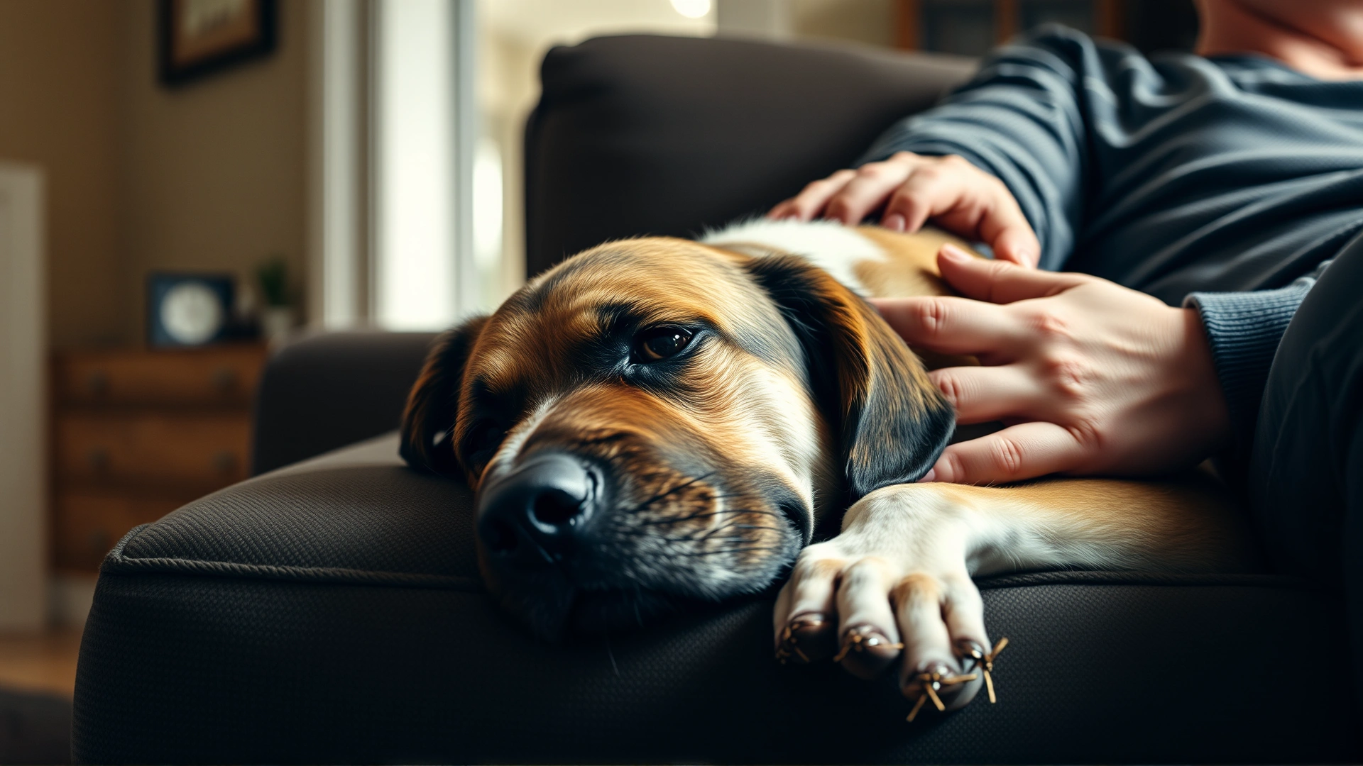 Dog lying on a couch looking slightly lethargic while owner gently pets it, warm home lighting, no text