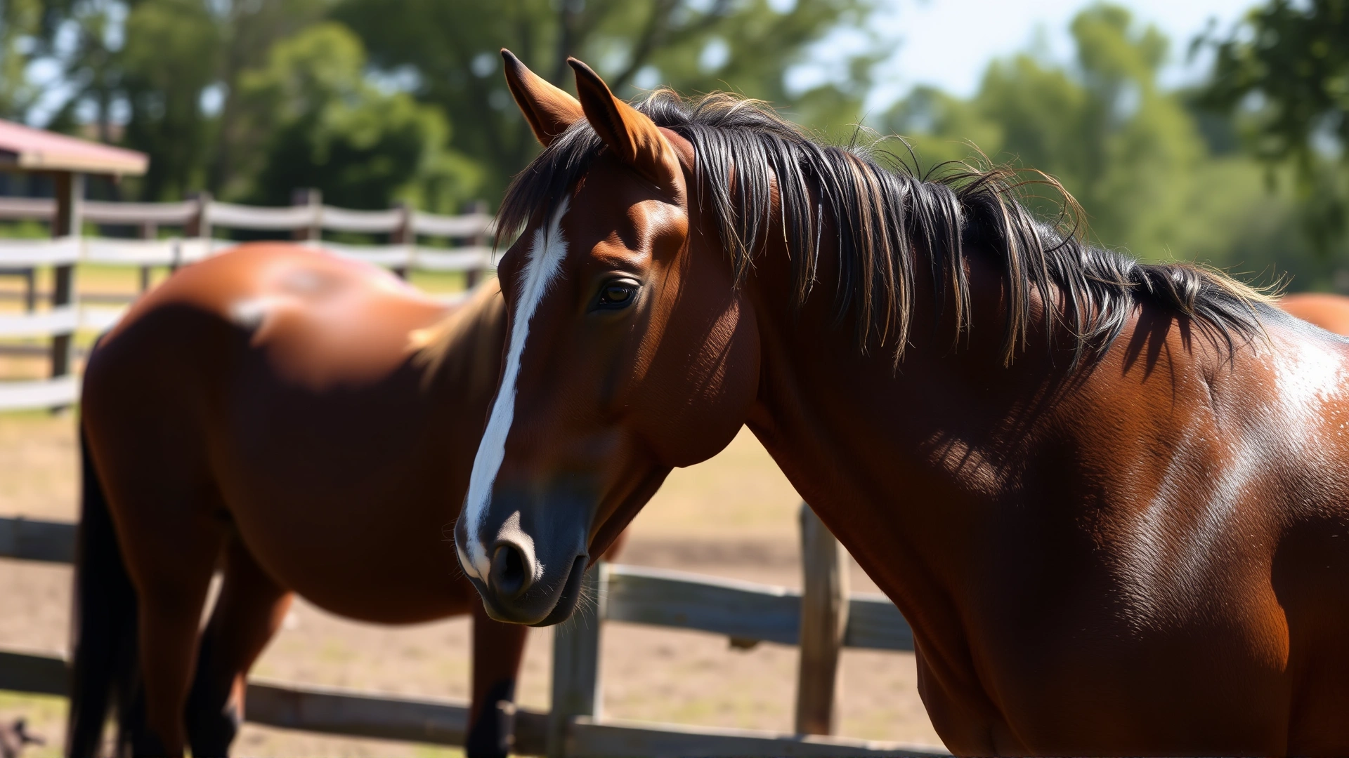 Sweating bay horse in a paddock showing visible sweat patches on neck and flanks under summer sun; no text.