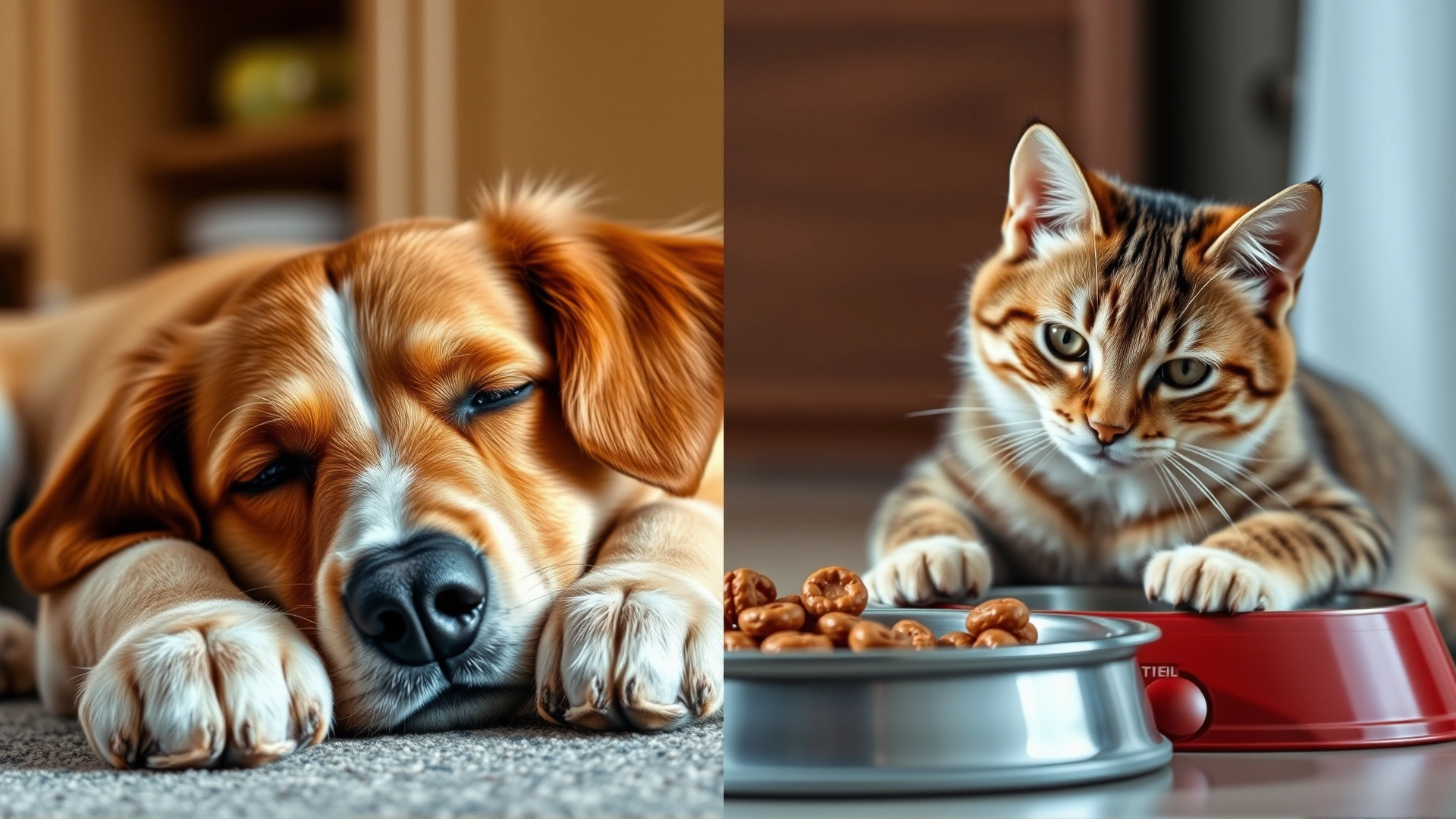 Split-screen image: on one side a lethargic dog resting its head on paws, on the other a cat looking nauseous near a food bowl, illustrating mild side effects.