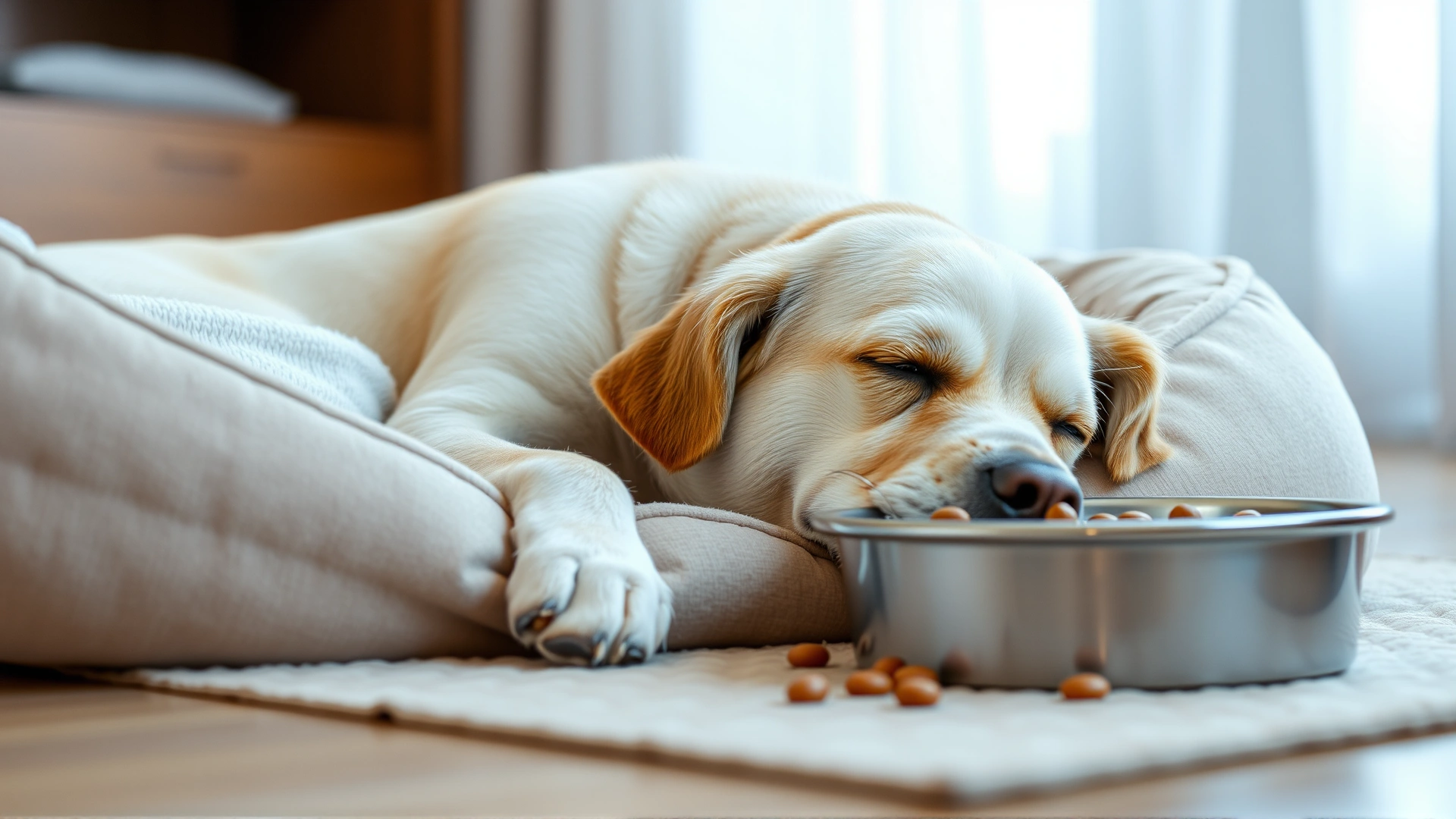 Dog lying on a pet bed looking sleepy with a half-full food bowl nearby, illustrating reduced appetite and lethargy; soft indoor lighting