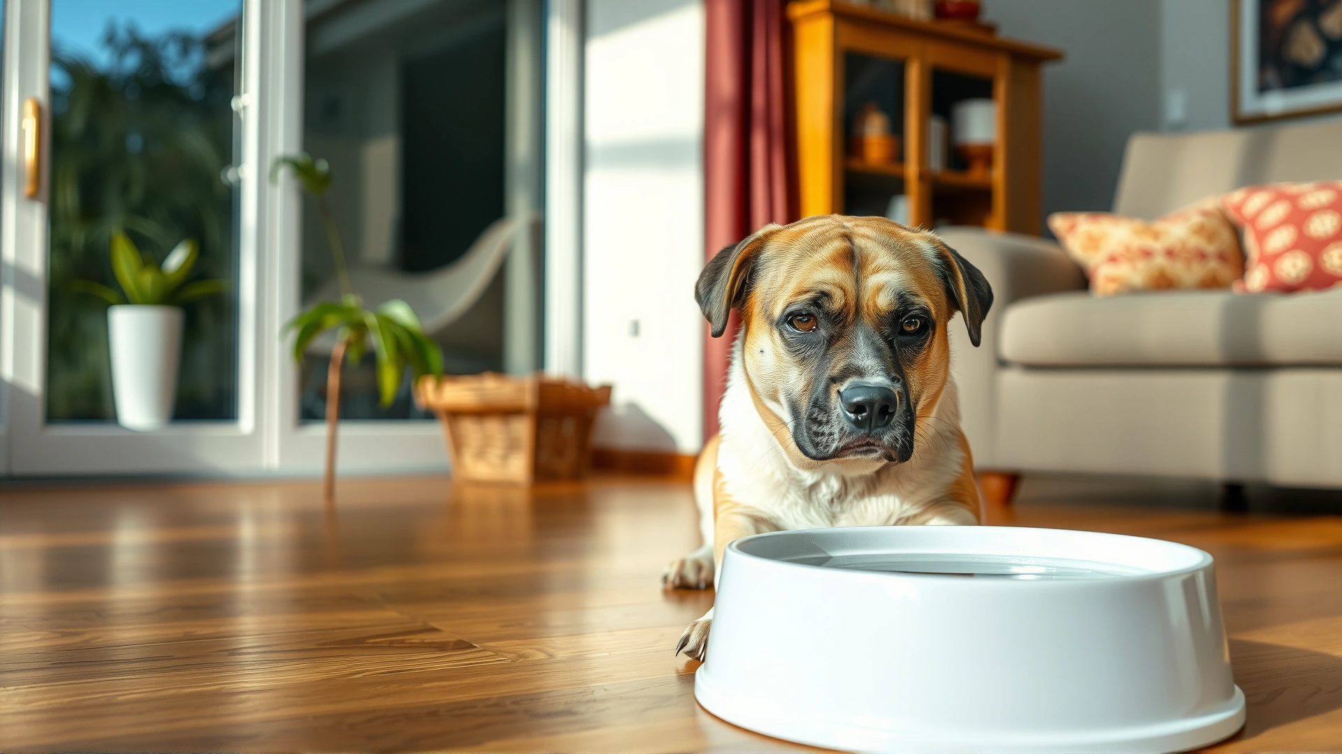 Sad-looking dog sitting next to a full water bowl in a cozy living room, conveying increased thirst side effect