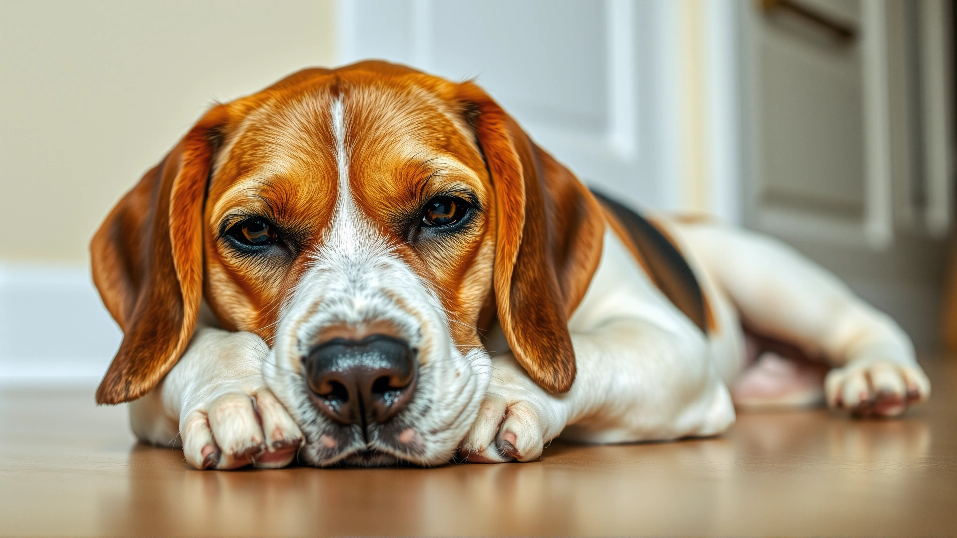 A medium-shot of a sad, slightly lethargic Beagle resting its head on its paws indoors, illustrating mild side effects.