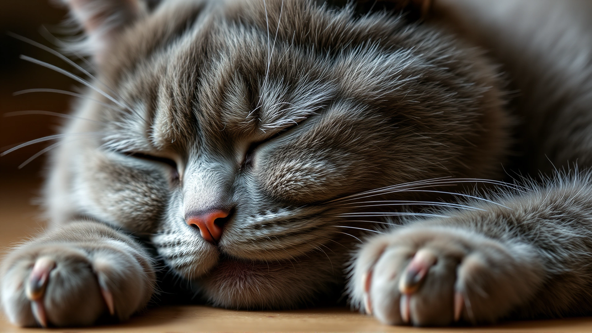 A slightly lethargic gray cat lying down with half-closed eyes, illustrating mild discomfort; soft natural lighting.