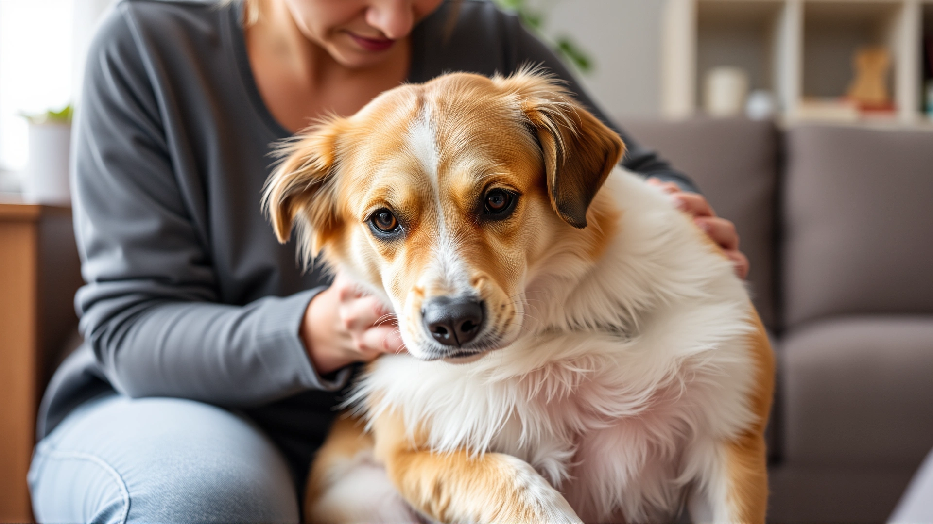 Concerned dog owner gently checking her dog’s belly at home, illustrating monitoring for side effects.