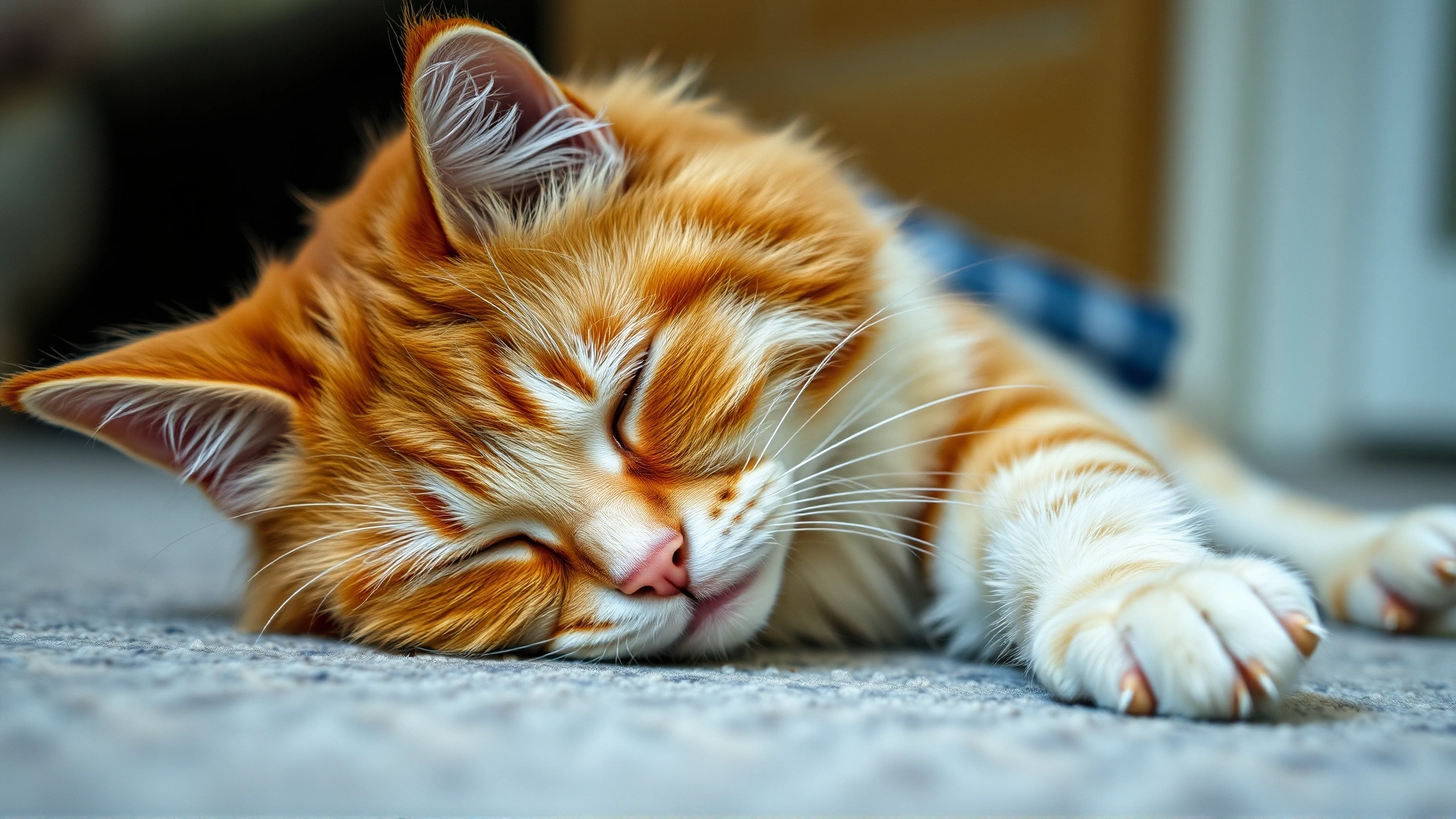 Sad-looking cat lying on its side, showing lack of appetite, soft indoor lighting.