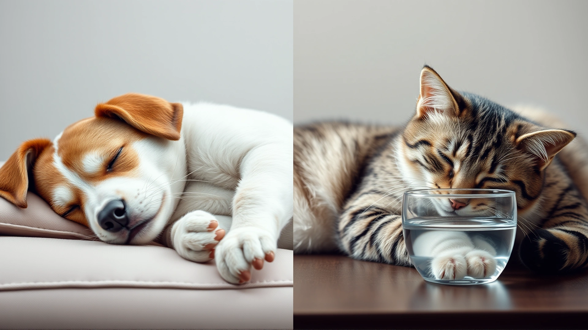 Split-scene image: on one side a sleepy dog lying on a cushion, on the other a cat drinking water, representing mild side effects