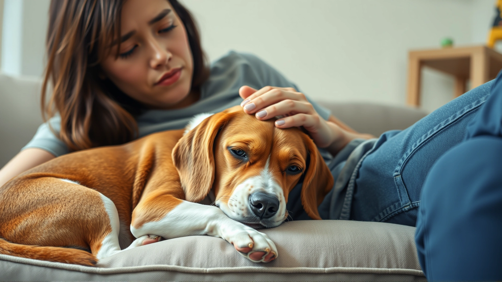 Portrait of a worried pet owner comforting a slightly lethargic beagle lying on a couch, soft natural lighting to convey concern
