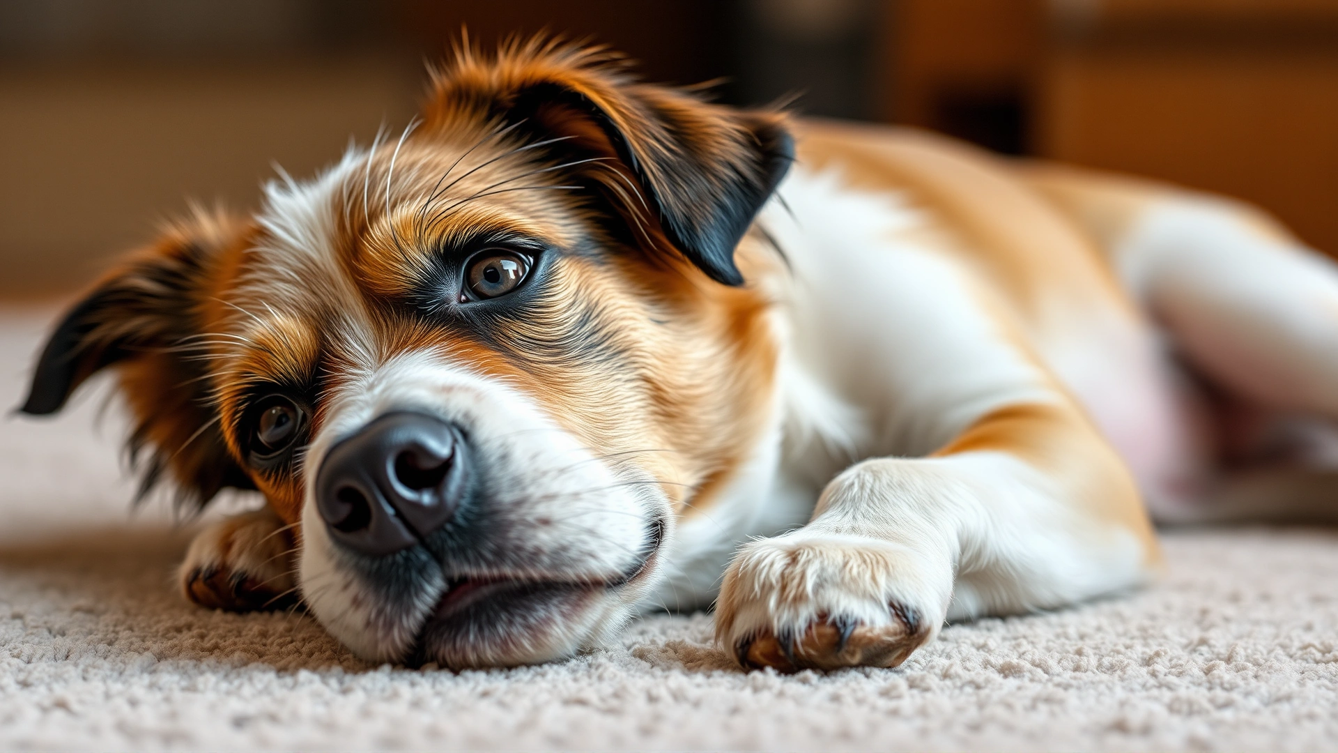 Dog lying on its side looking slightly dizzy, with subtle motion blur to convey disorientation, on a soft rug background.