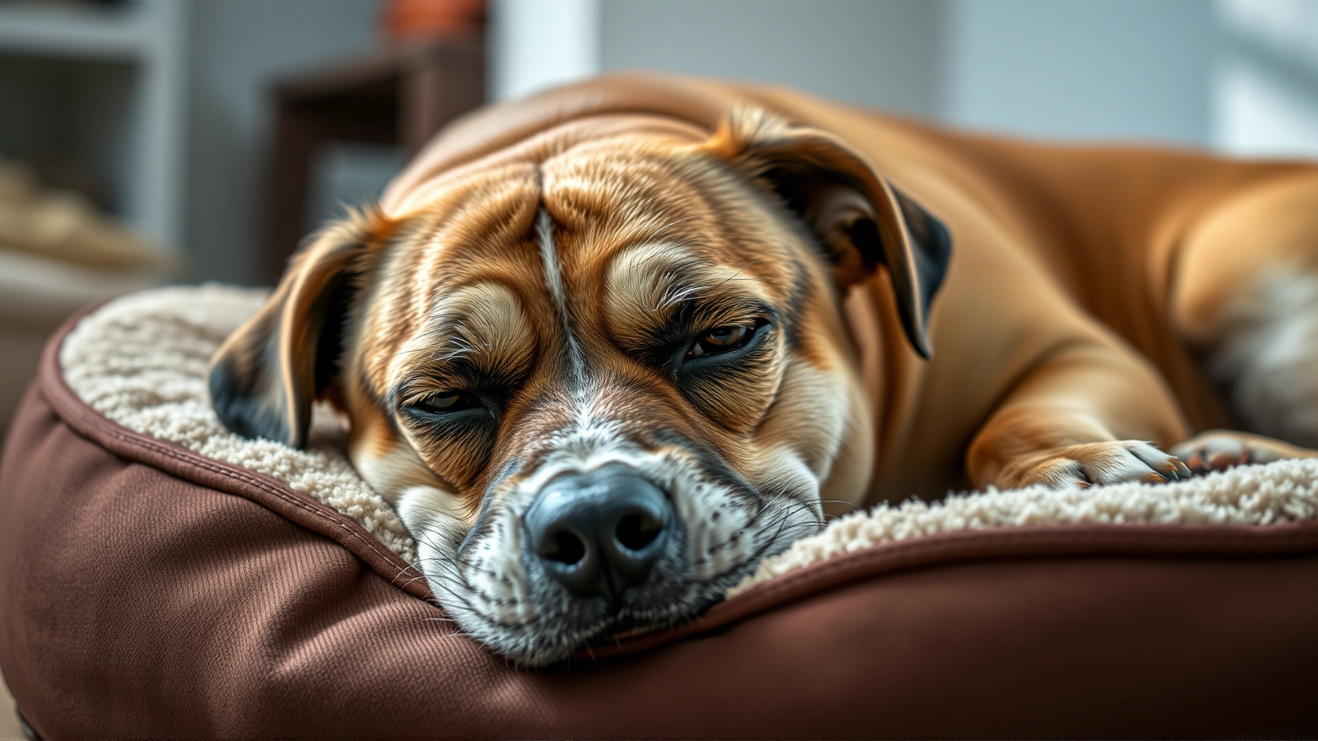 A tired dog lying on a dog bed looking slightly lethargic, with soft indoor lighting conveying mild discomfort.