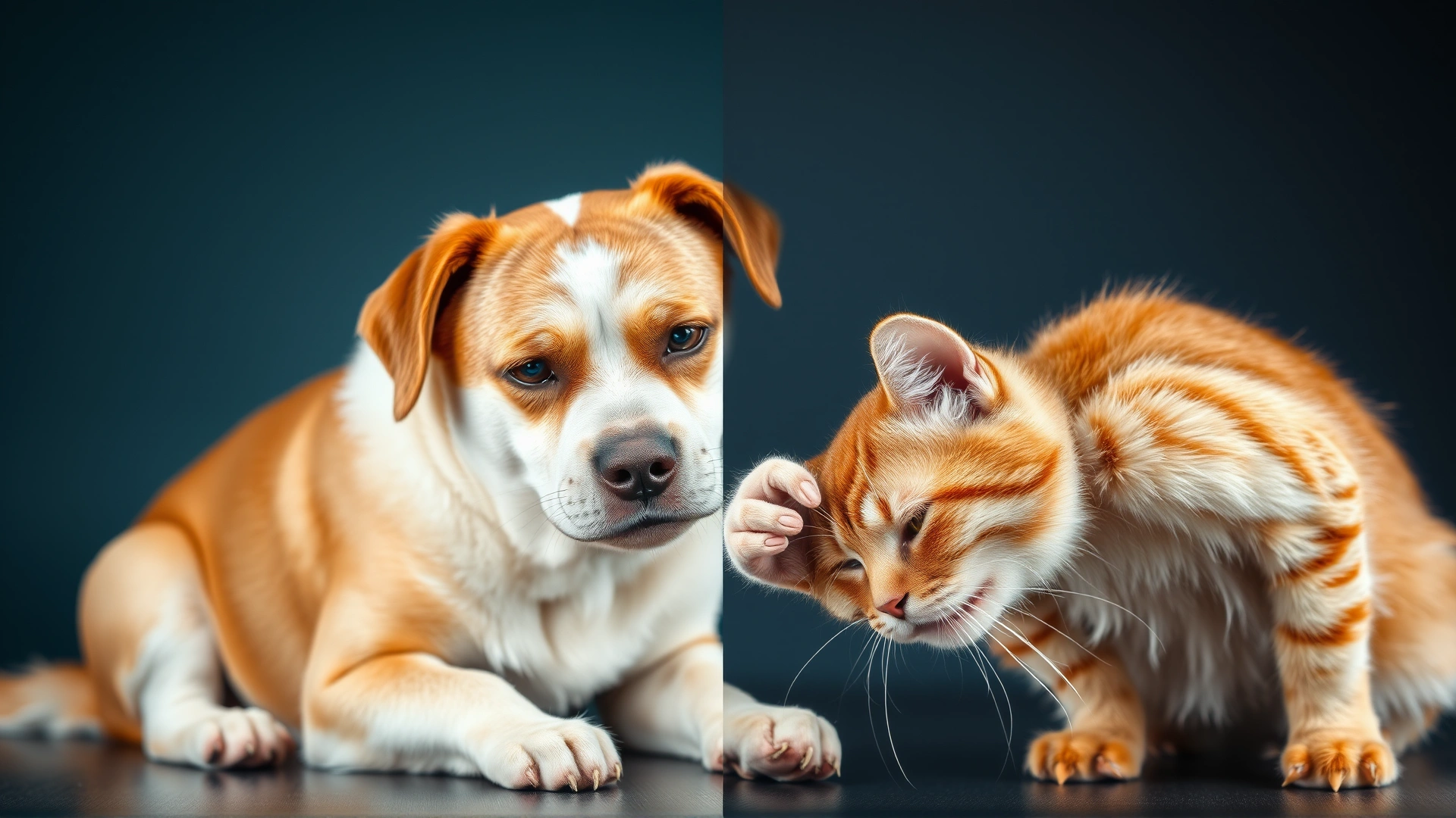 Split image showing a dog with upset stomach expression and a cat scratching its skin to represent side effects.