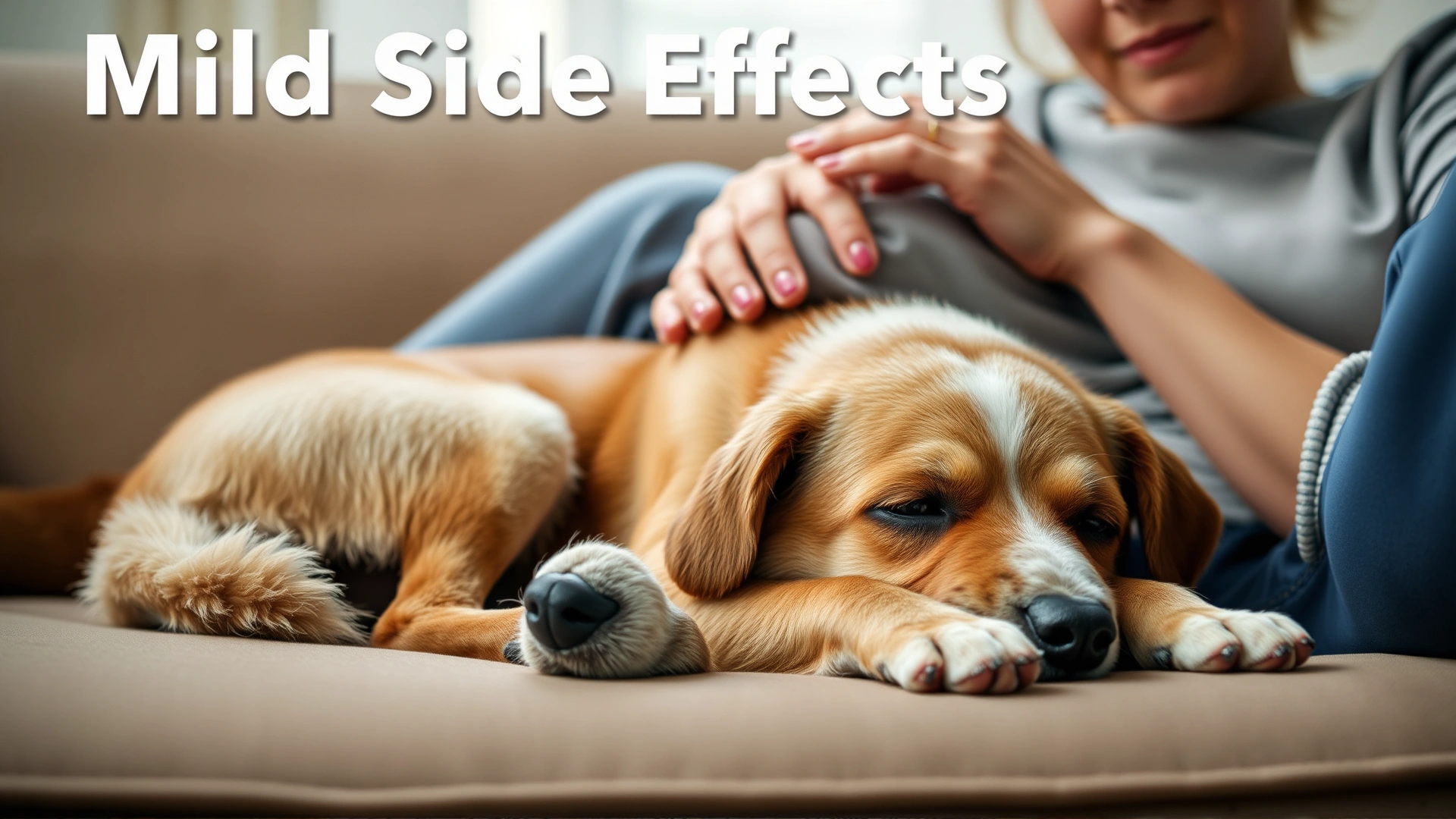 Image of a slightly lethargic dog resting on a couch while the owner gently comforts it, illustrating mild side effects.