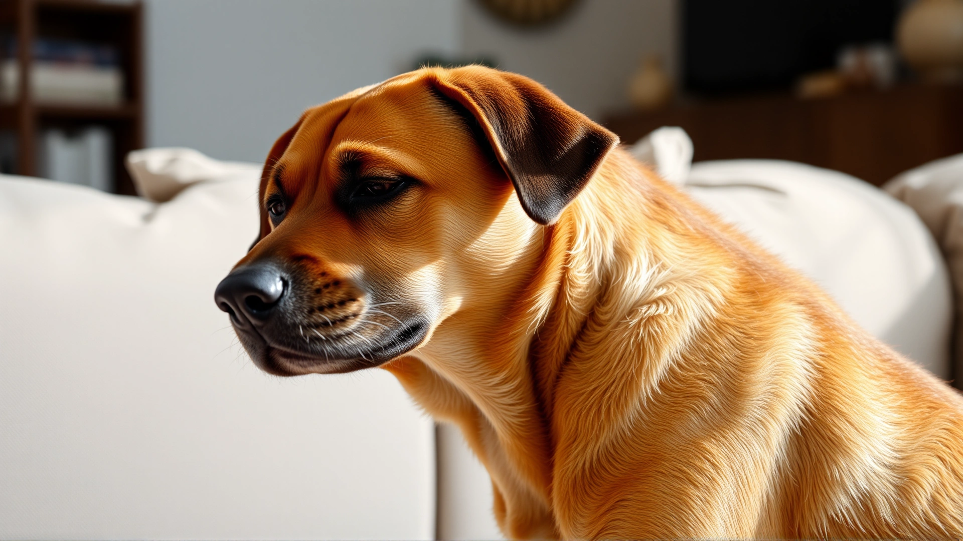 Brown dog scratching its ear in a living room, showing mild discomfort, natural lighting, no text