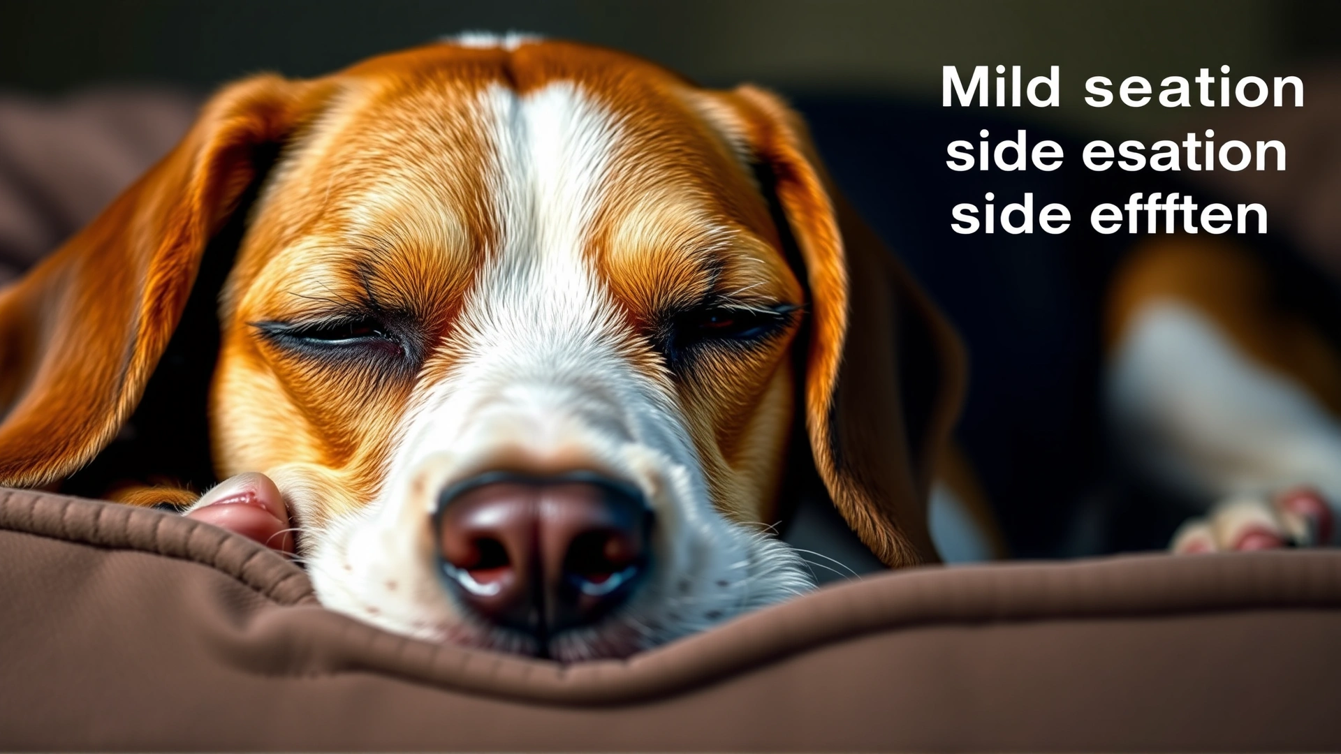 A tired-looking beagle lying on a dog bed with half-closed eyes, illustrating mild sedation side effect.