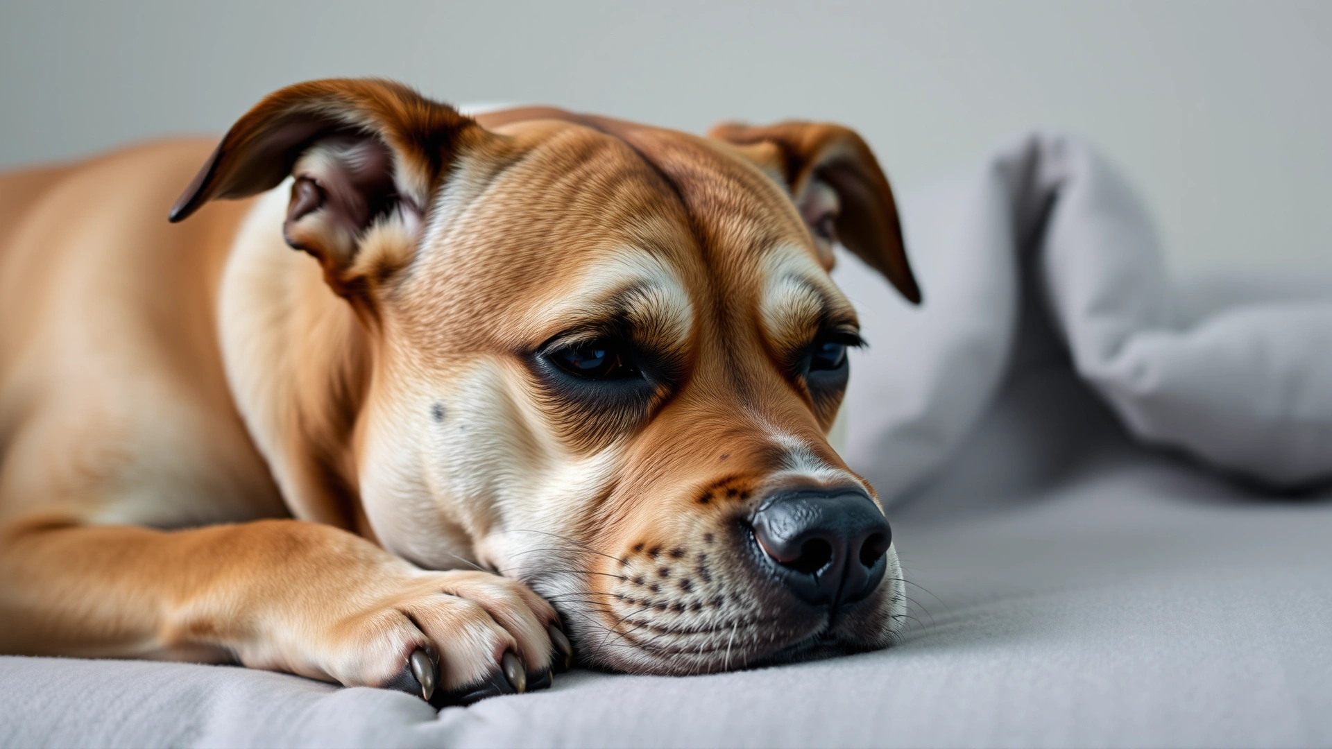 Sad-looking dog resting its head on a blanket with a subtle stomach pain expression, representing gastrointestinal side effects.