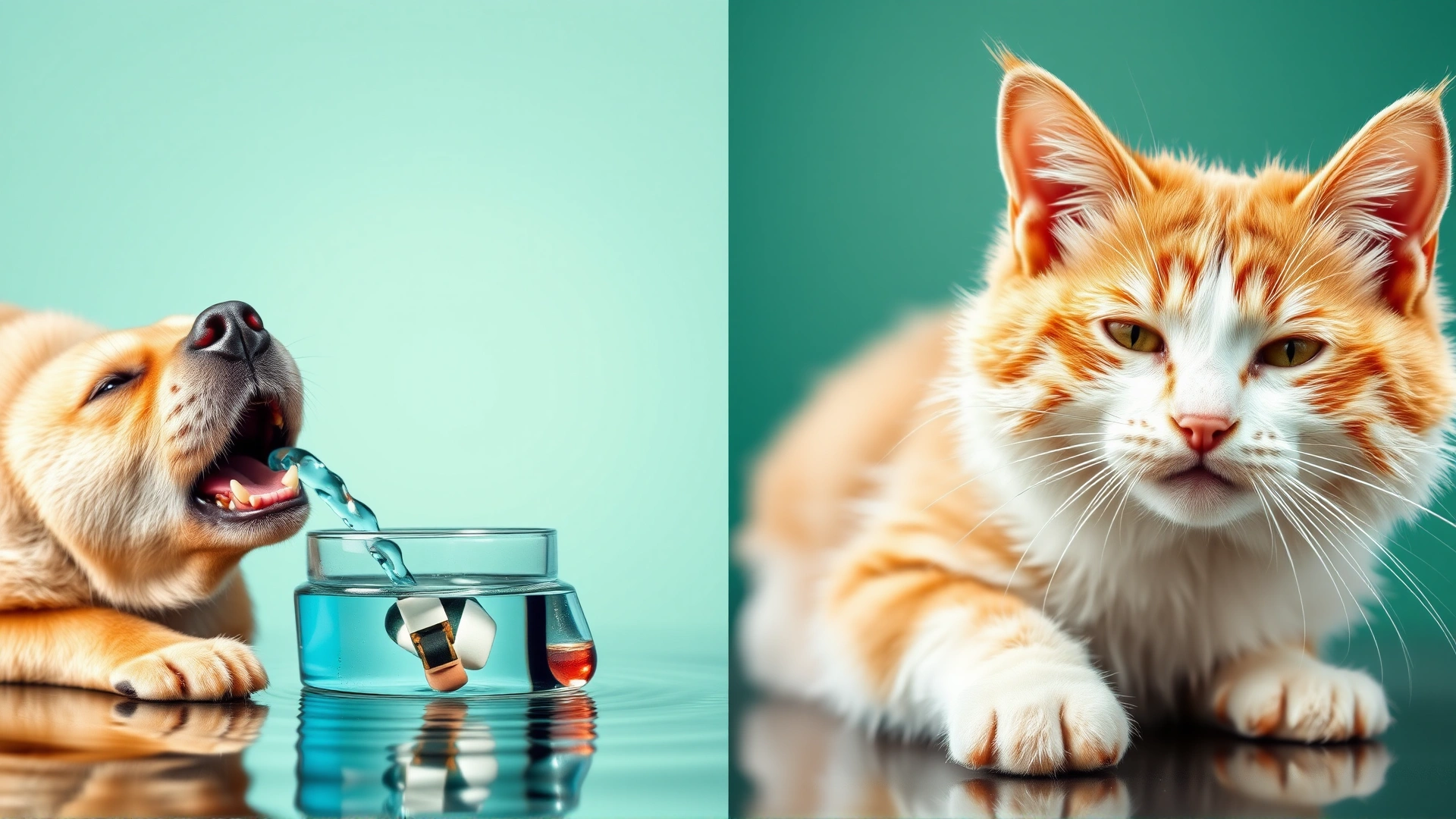 Split-scene image: on the left, a dog drinking water eagerly; on the right, a cat panting lightly, illustrating common corticosteroid side effects.