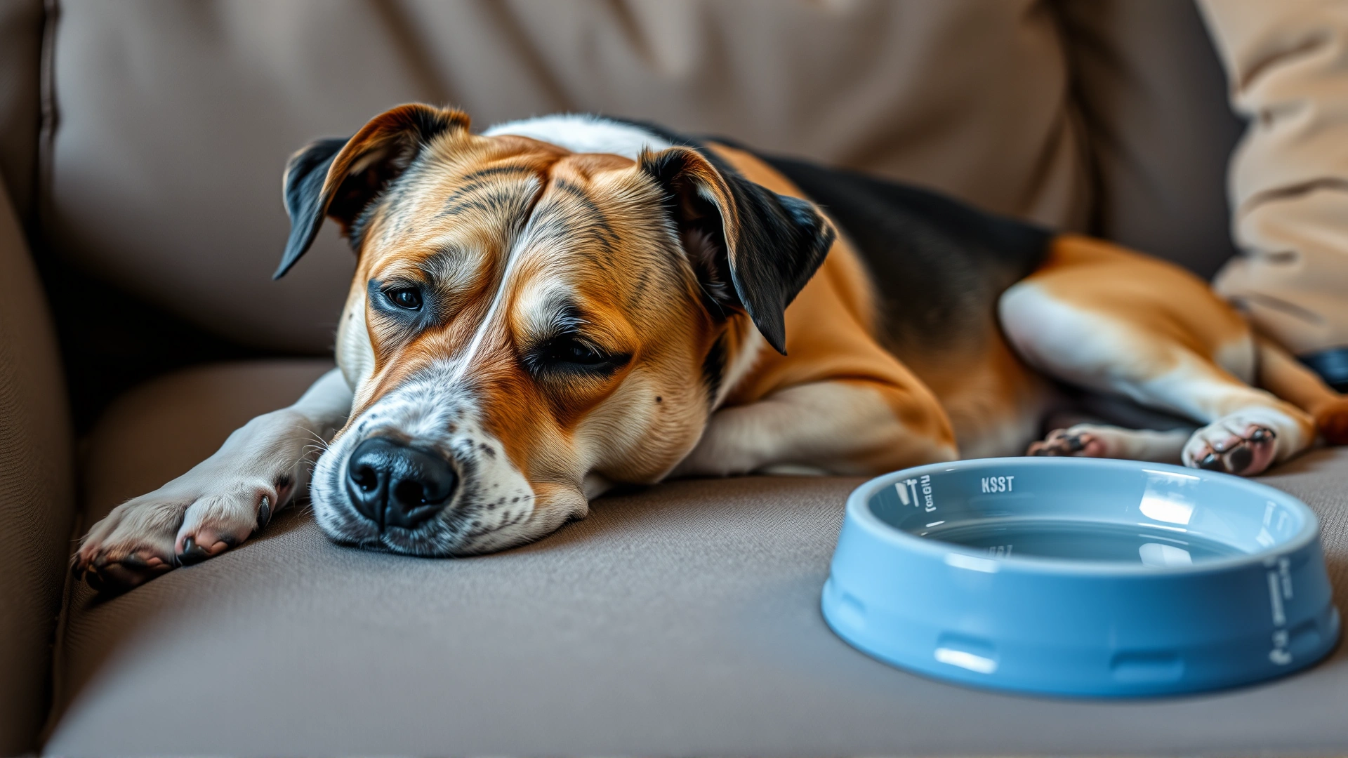 Dog lying on a couch looking lethargic with a water bowl nearby.