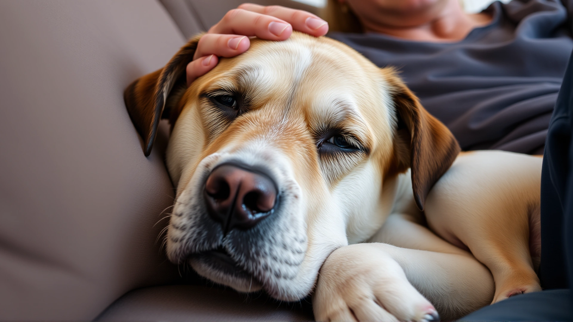 Medium-sized dog looking lethargic on a couch with its owner gently comforting it.