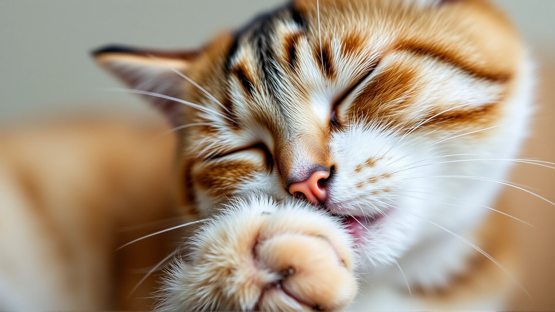 Domestic cat gently licking its paw while looking slightly sleepy, illustrating mild post-vaccine effects