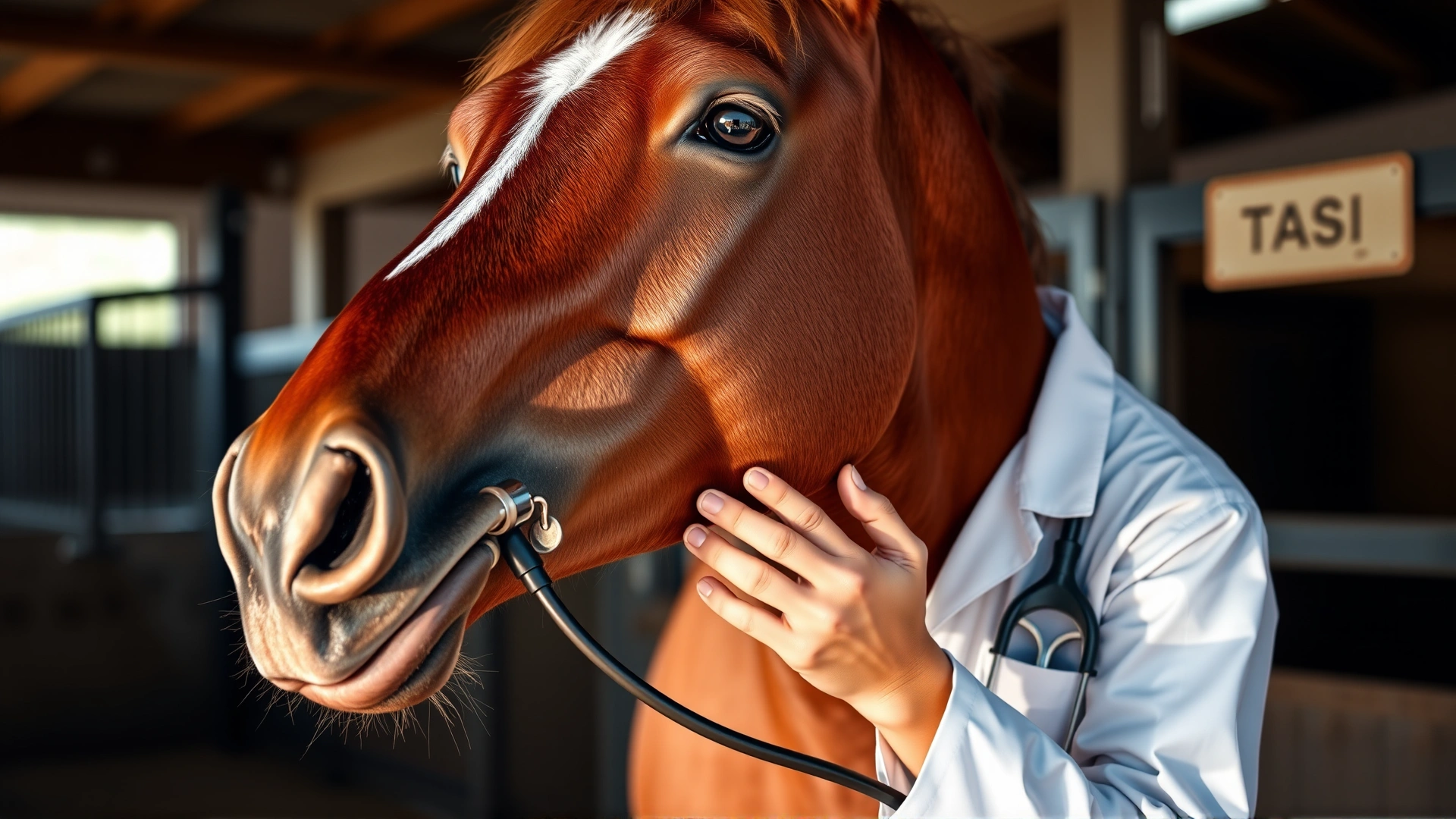 Veterinarian using a stethoscope while gently lifting a horse's lip to examine mucous membranes, stable clinic environment.