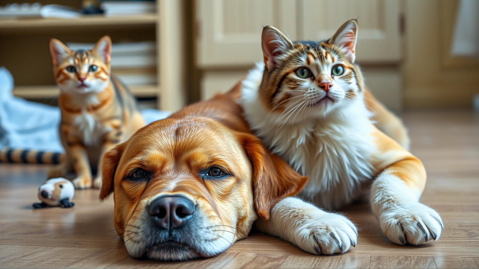 Dog lying on the floor looking slightly nauseous while a concerned cat sits nearby; conveys mild gastrointestinal discomfort.
