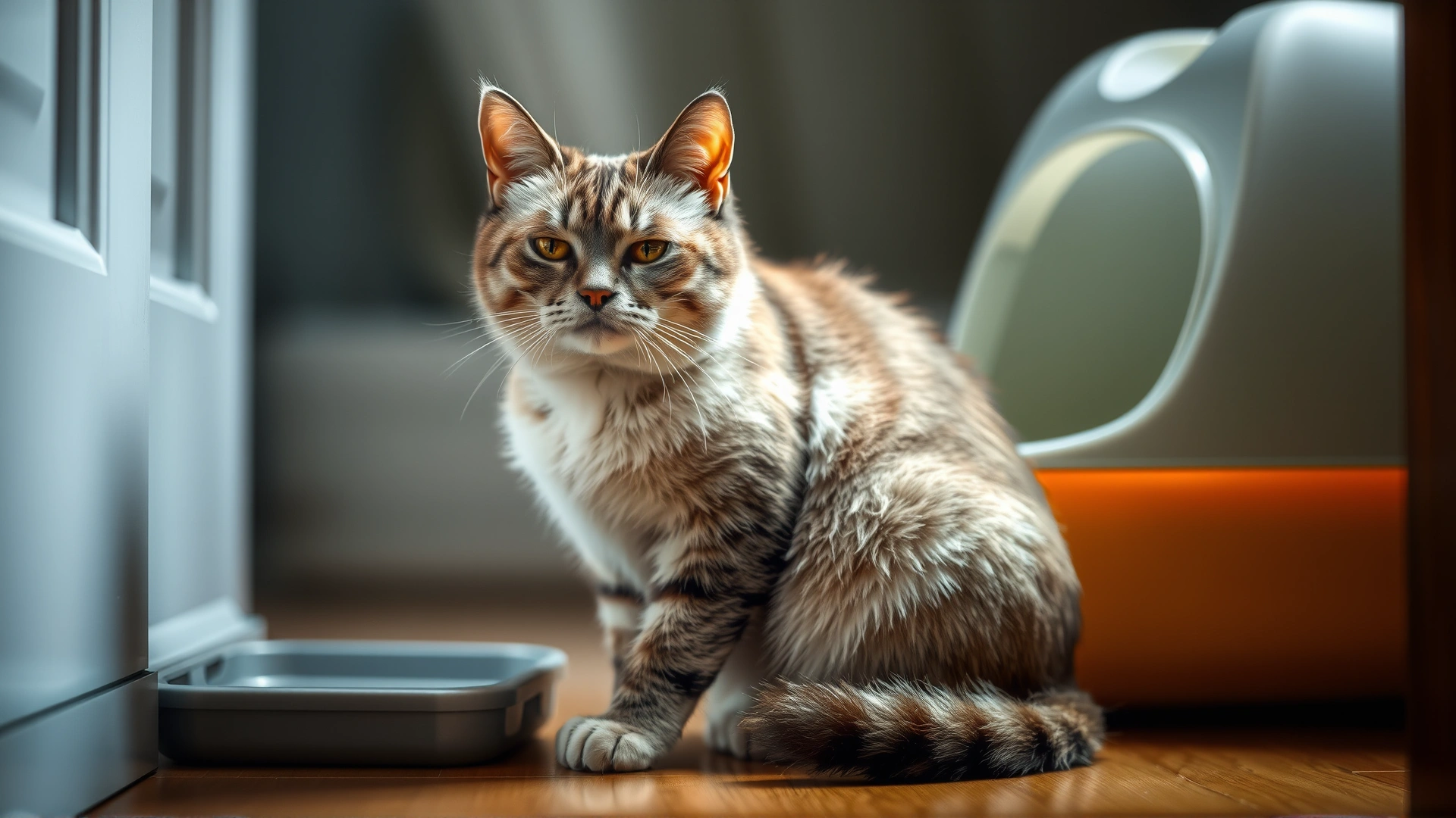 Cat sitting near a litter box looking slightly uncomfortable, illustrating digestive upset, indoor setting, soft focus