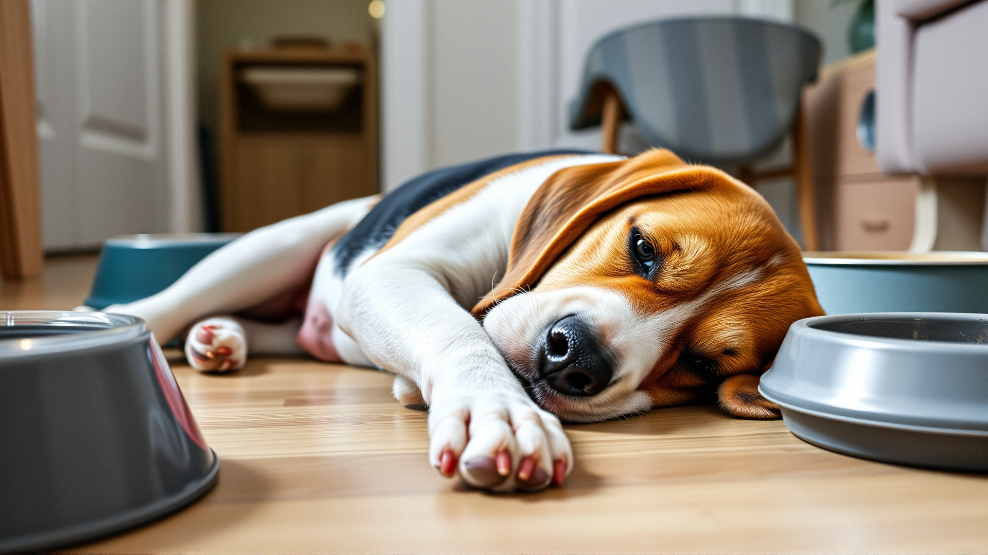 A tired beagle lying on its side on the floor looking uncomfortable, with a water bowl nearby, natural indoor lighting.