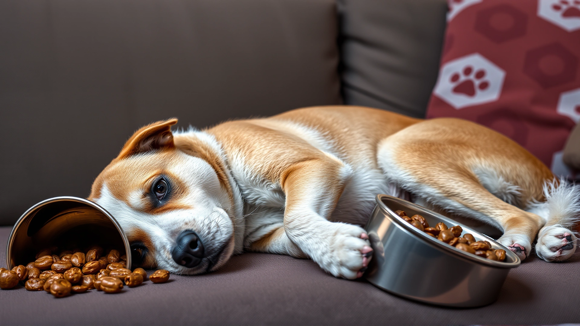 Dog lying on a couch looking nauseous with overturned food bowl nearby, representing gastrointestinal side effects