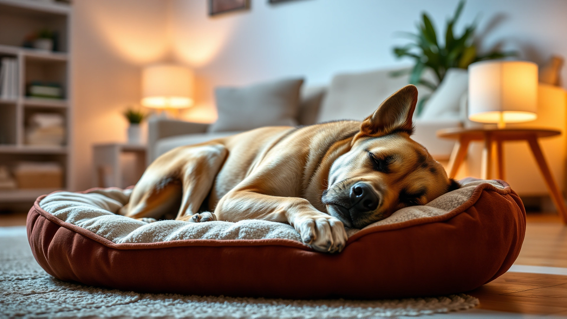 Photo of a tired or lethargic dog lying on a soft dog bed in a living room, soft warm lighting