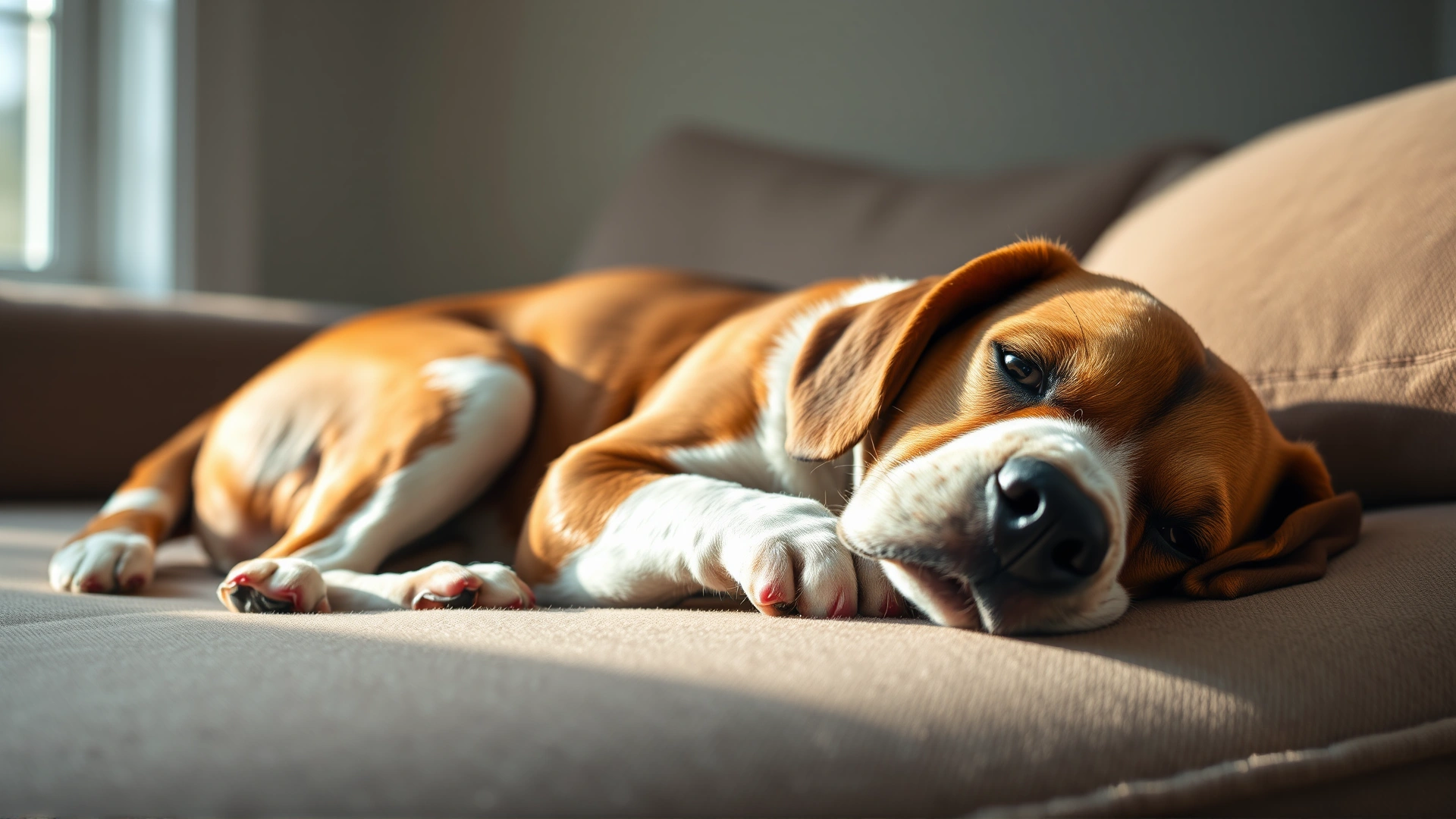 Tired beagle lying on a couch looking unwell, soft daylight coming through window