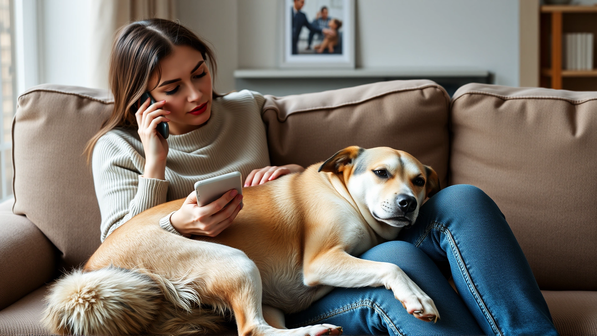 Concerned female pet owner talking on a smartphone while gently comforting a lethargic medium-sized dog on a living room couch, natural window light.