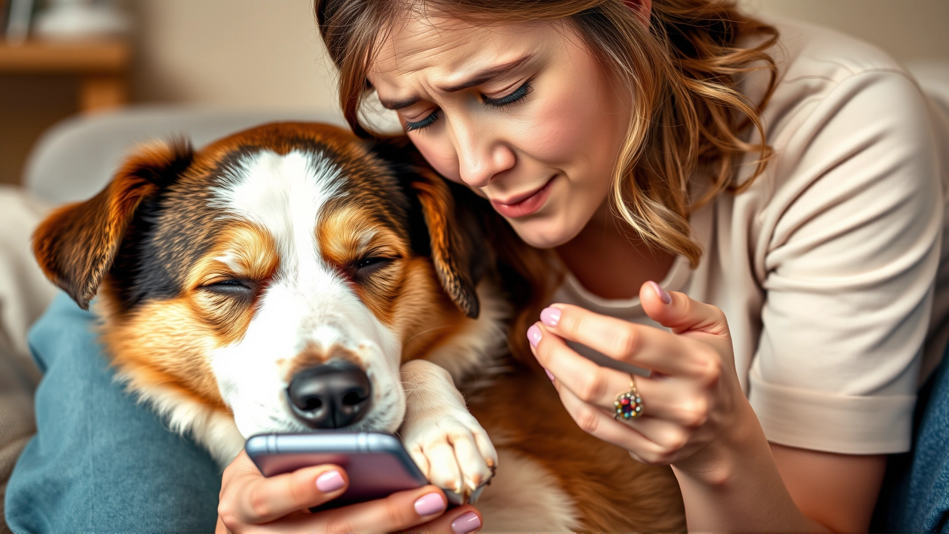 Conceptual image of a worried pet owner looking at her sleepy dog with a phone in hand, ready to call the vet