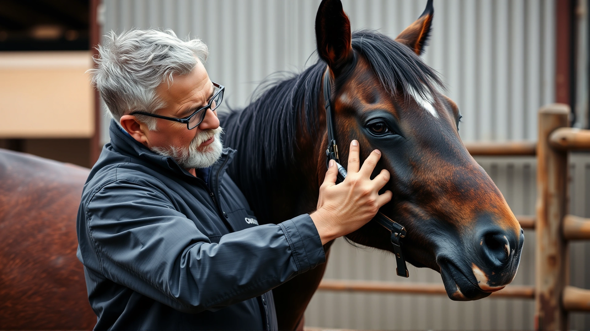 Horse owner gently examining the injection site on the horse's neck while the animal stands calmly