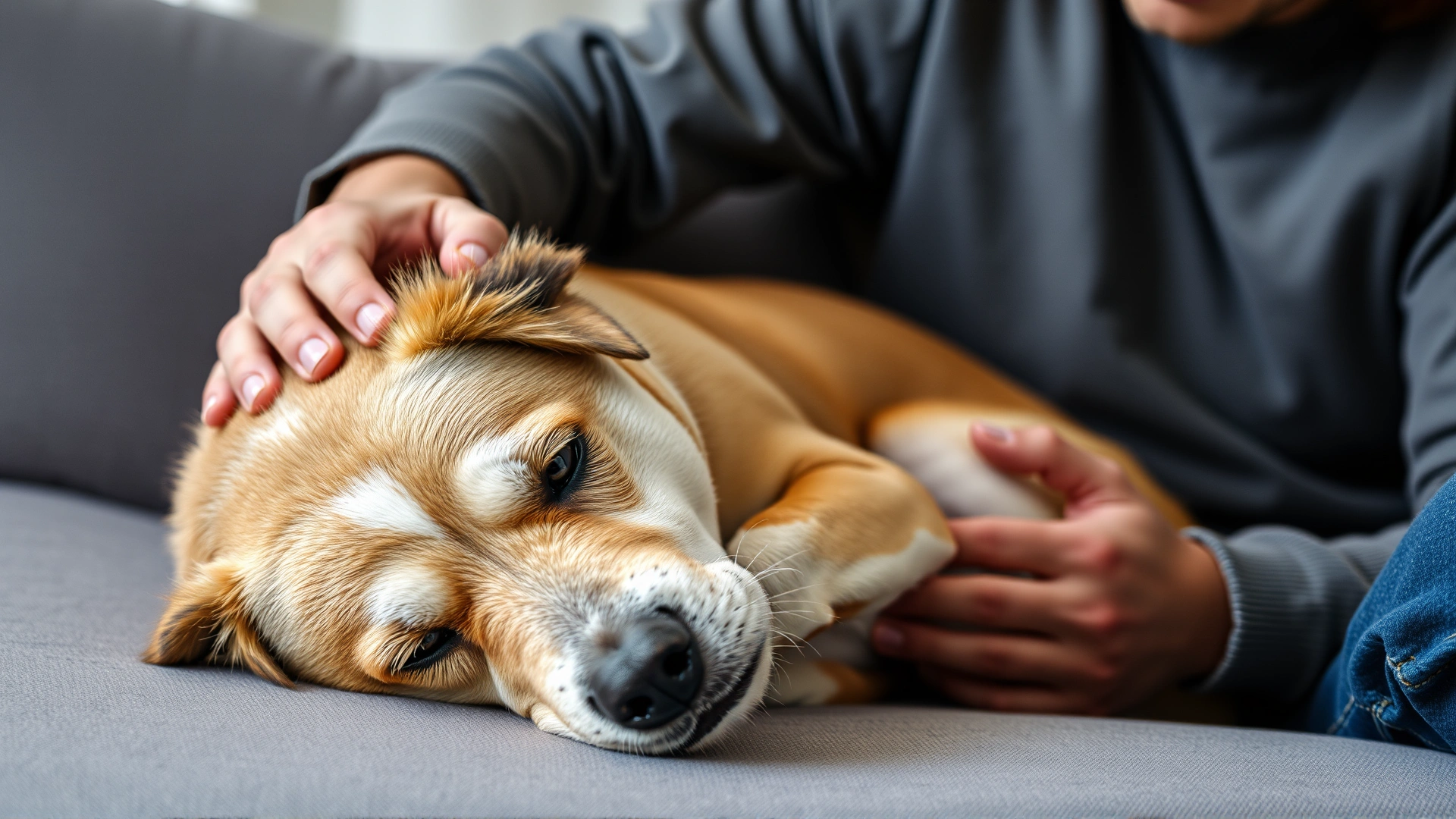 Concerned pet owner observing a dog that looks slightly lethargic lying on a sofa, representing mild side effects
