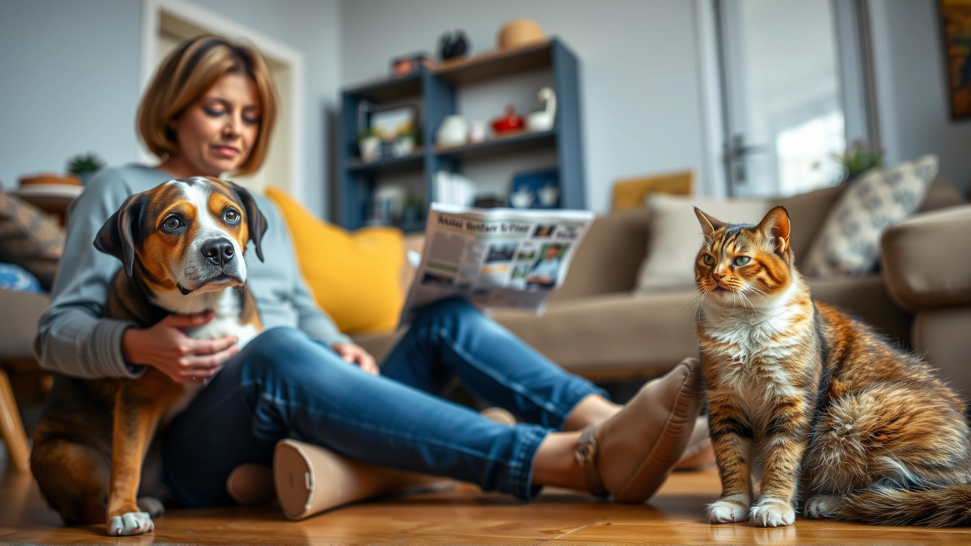 Concerned pet owner observing a dog with mild diarrhea (dog sitting with sad expression near newspaper) and a cat looking uncomfortable, indoor home setting