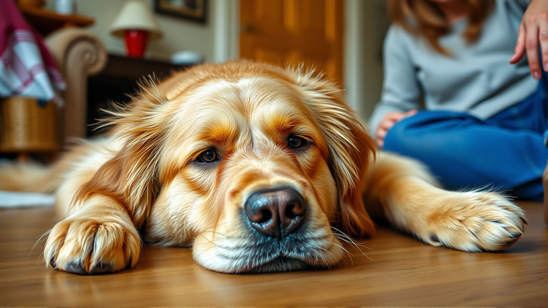 Golden retriever lying on the floor looking slightly uncomfortable, owner nearby showing concern, warm home setting.
