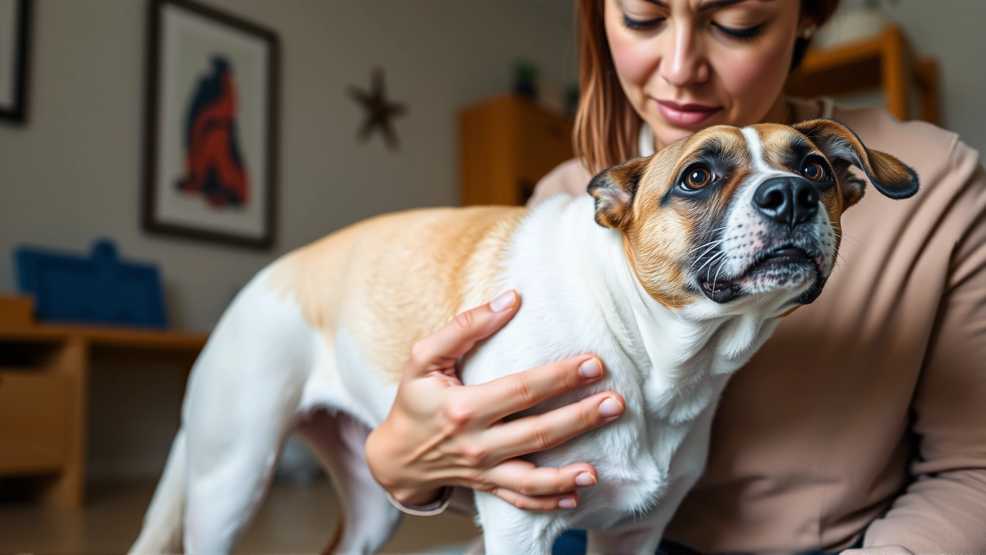 Concerned dog owner gently checking dog’s heart rate with hand on chest, neutral home background, conveys vigilance, no text