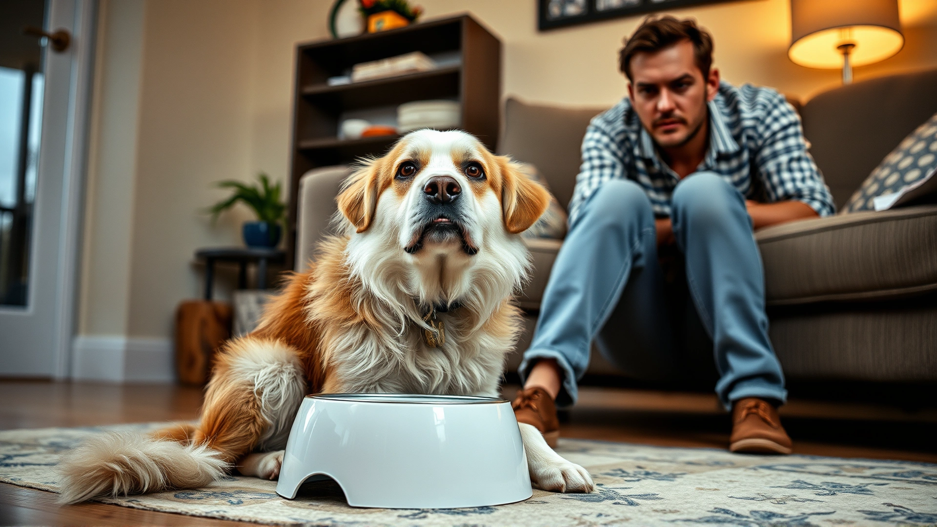 Medium shot of a concerned pet owner observing their dog sitting beside a water bowl looking slightly uneasy, indoor living room