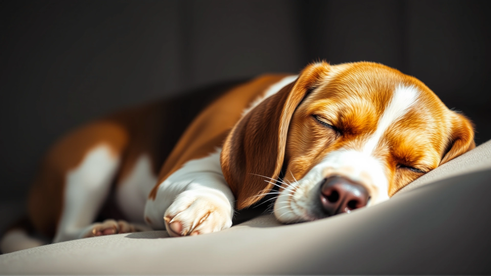 Close-up of a sleeping beagle looking slightly lethargic on a sofa, illustrating mild drowsiness, soft focus