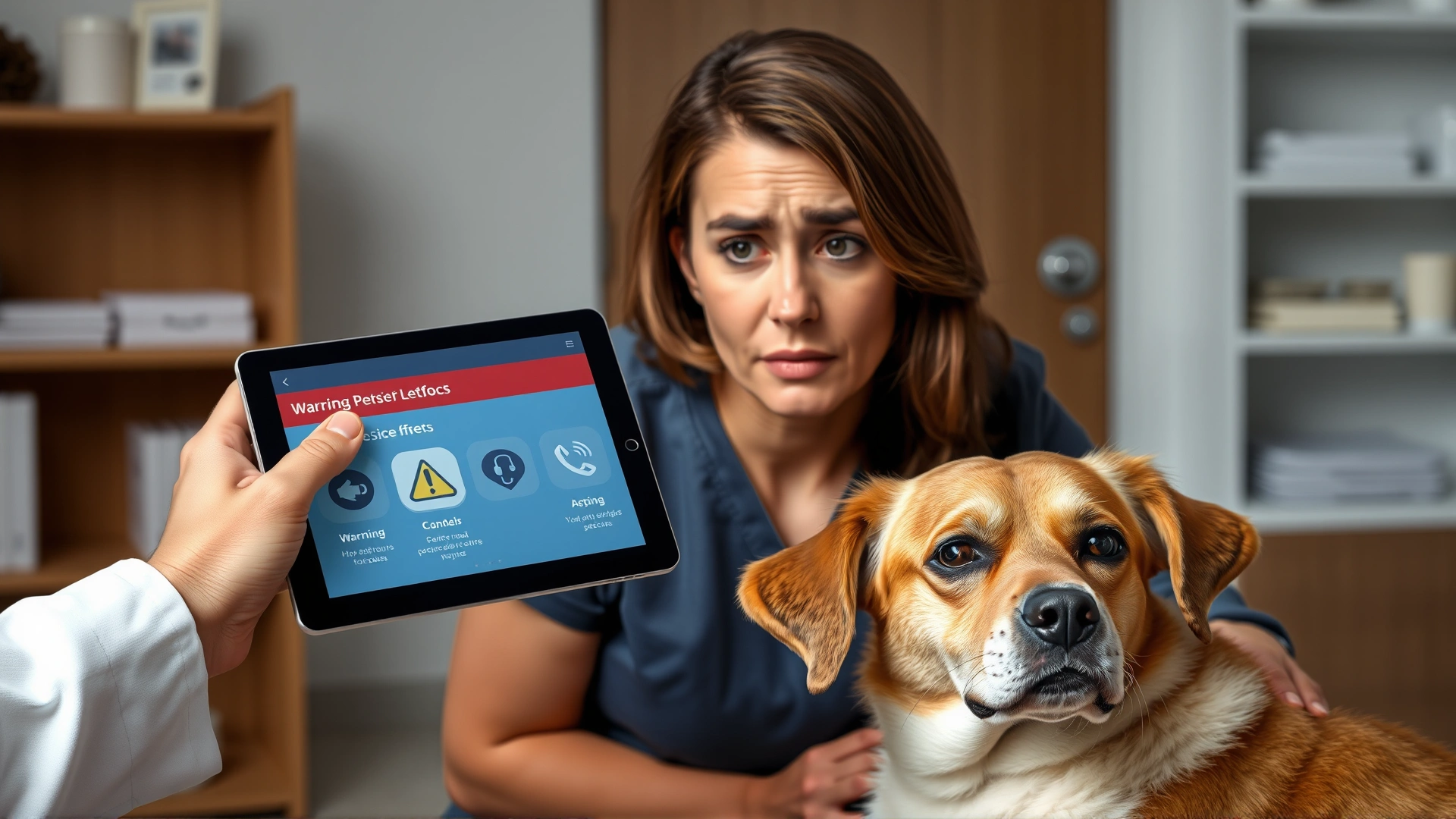 Veterinarian holding a digital tablet displaying warning icons while explaining potential side effects to a concerned pet owner and her dog.