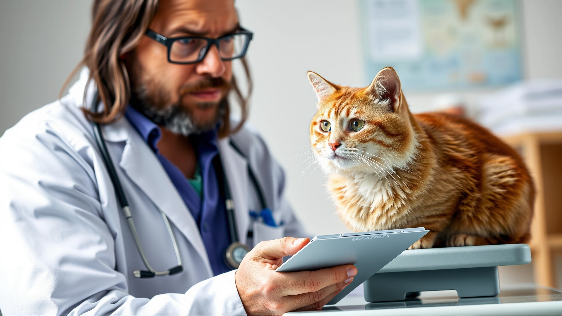 Concerned veterinarian holding a clipboard and explaining potential side effects to a pet owner while a cat sits on the exam table; focus on the vet’s serious expression to emphasize caution.