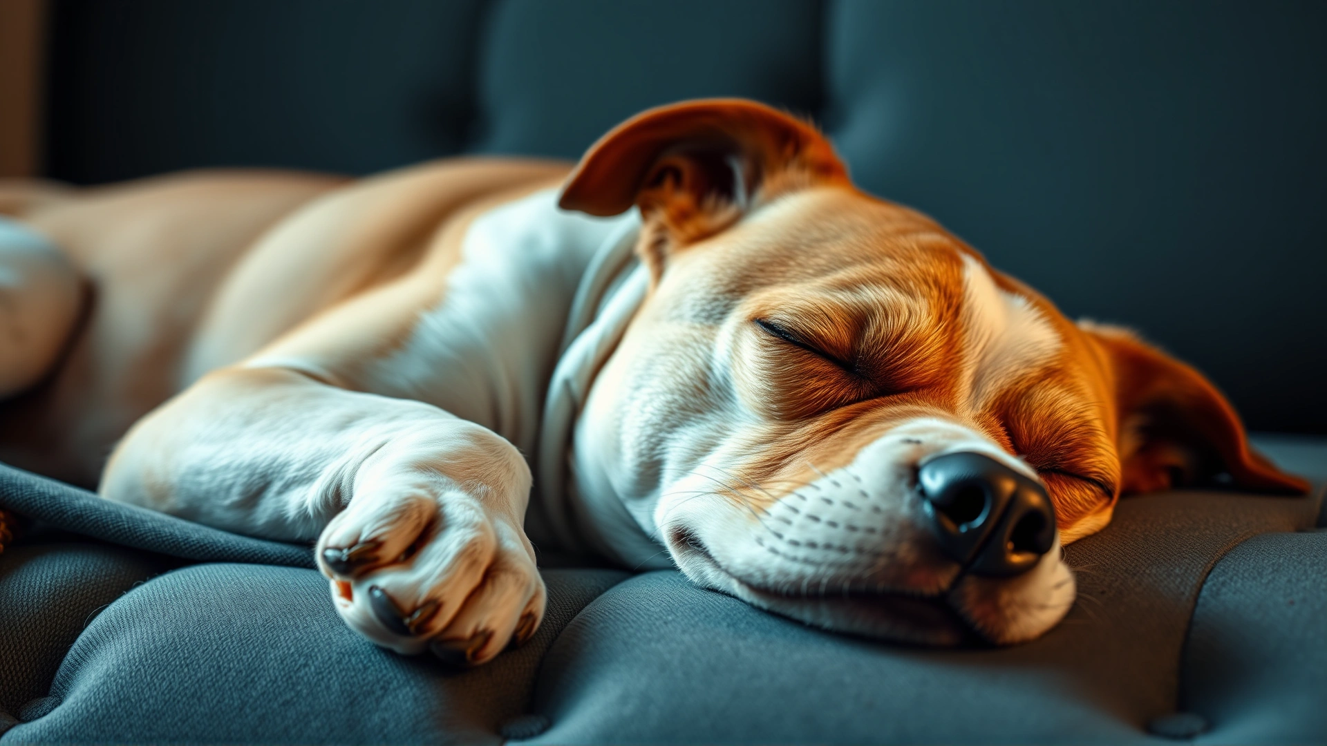 Sleepy dog lying on a cozy couch with half-closed eyes, illustrating drowsiness as a side effect
