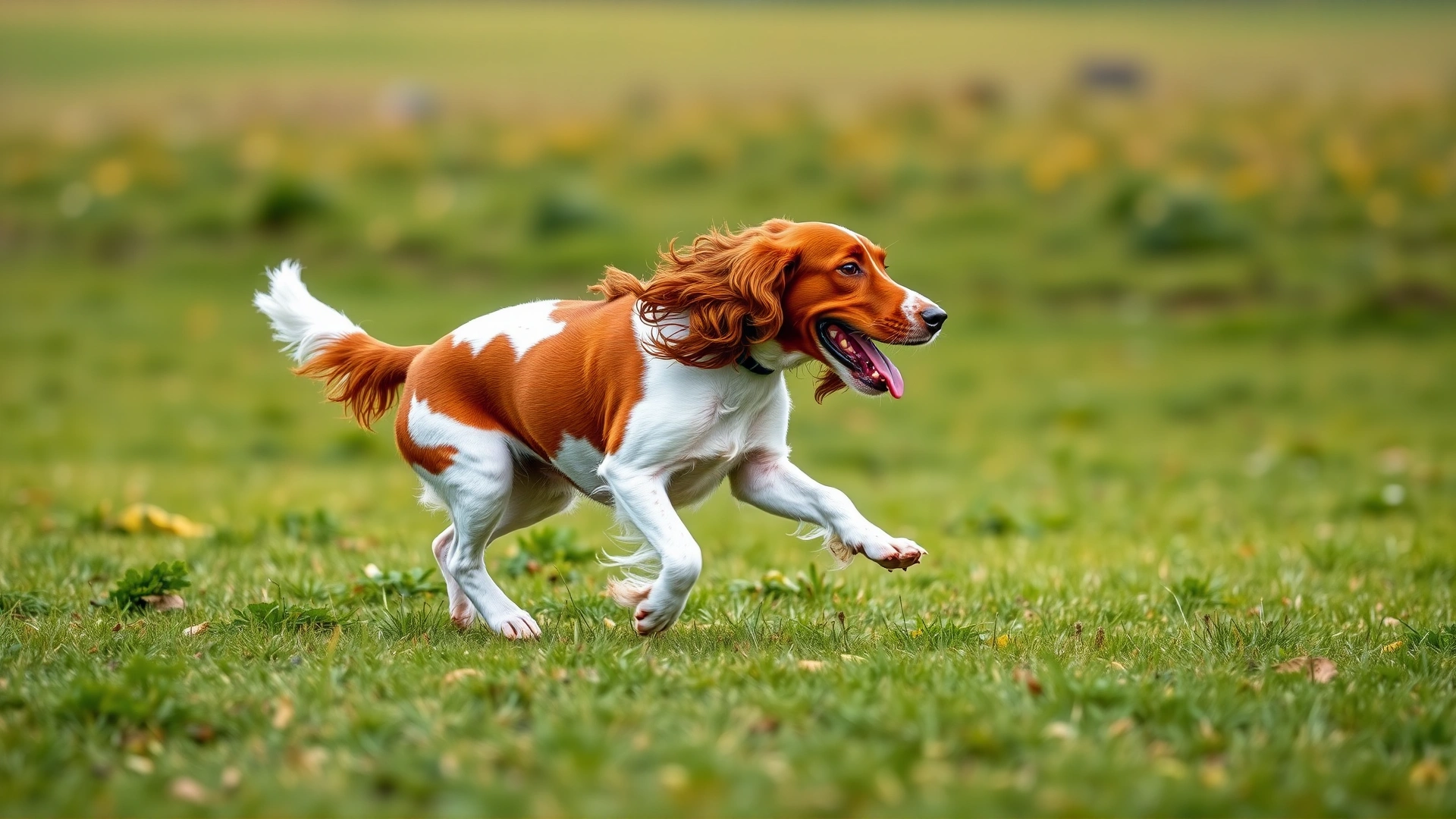 Full-body side profile of a Welsh Springer Spaniel running across a grassy field, ears flapping and tongue out.