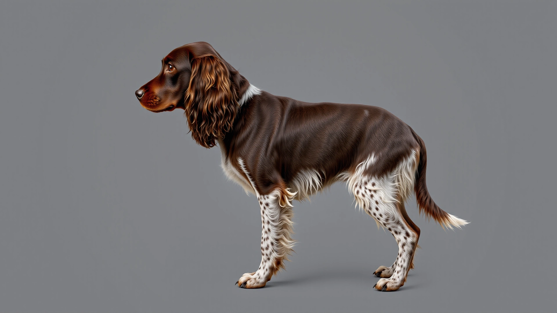 Studio side-profile shot of an adult Field Spaniel on a neutral gray background, clearly showing its balanced proportions and medium-length coat.