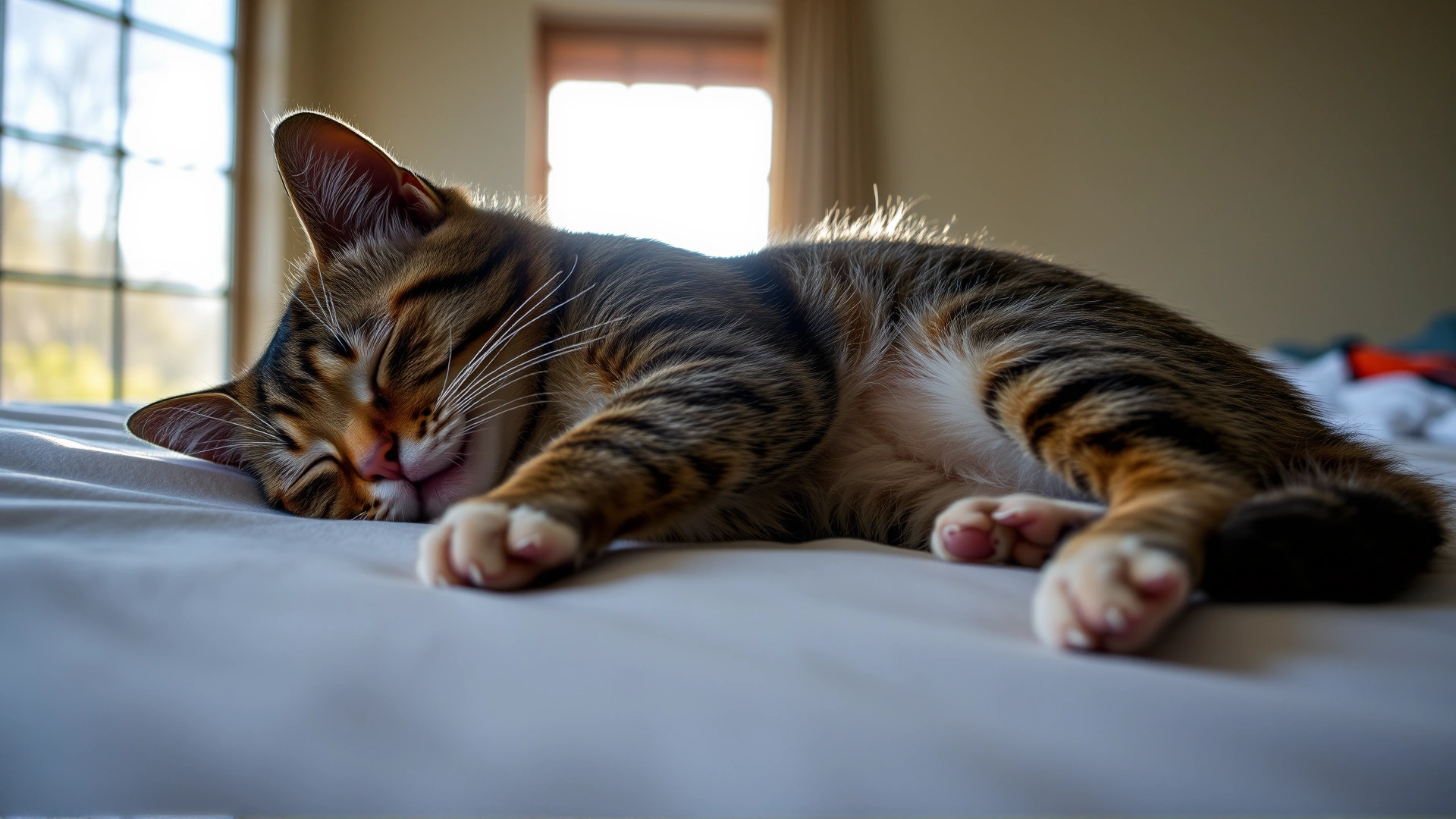 Cat stretched out on its side on a bed, sunlit through a window, deep sleep posture.