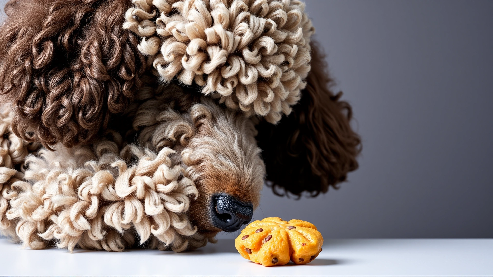 Senior Poodle reaching with its nose toward its ribcage for a side stretch, treat in front of nose.