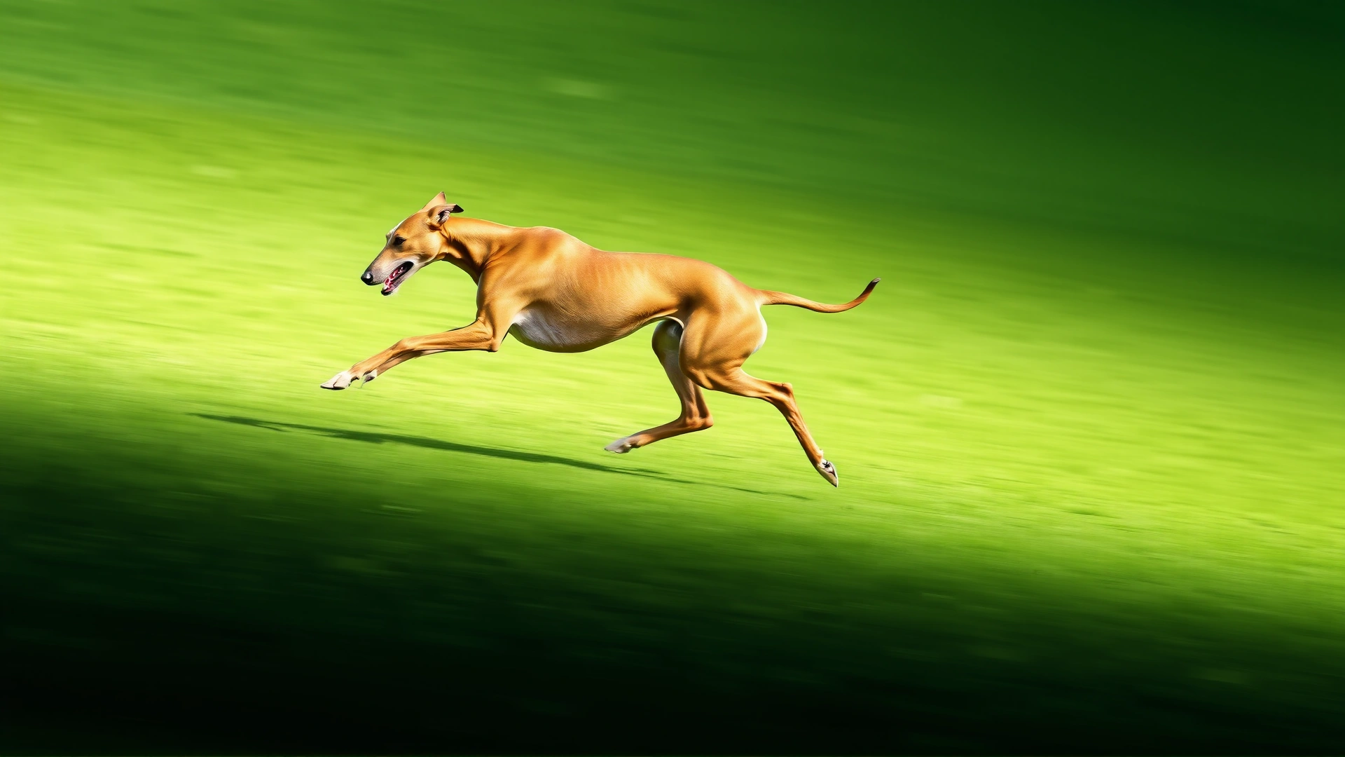 A sleek Greyhound sprinting across an open green field, muscles visible and ears pinned back, captured in mid-stride.