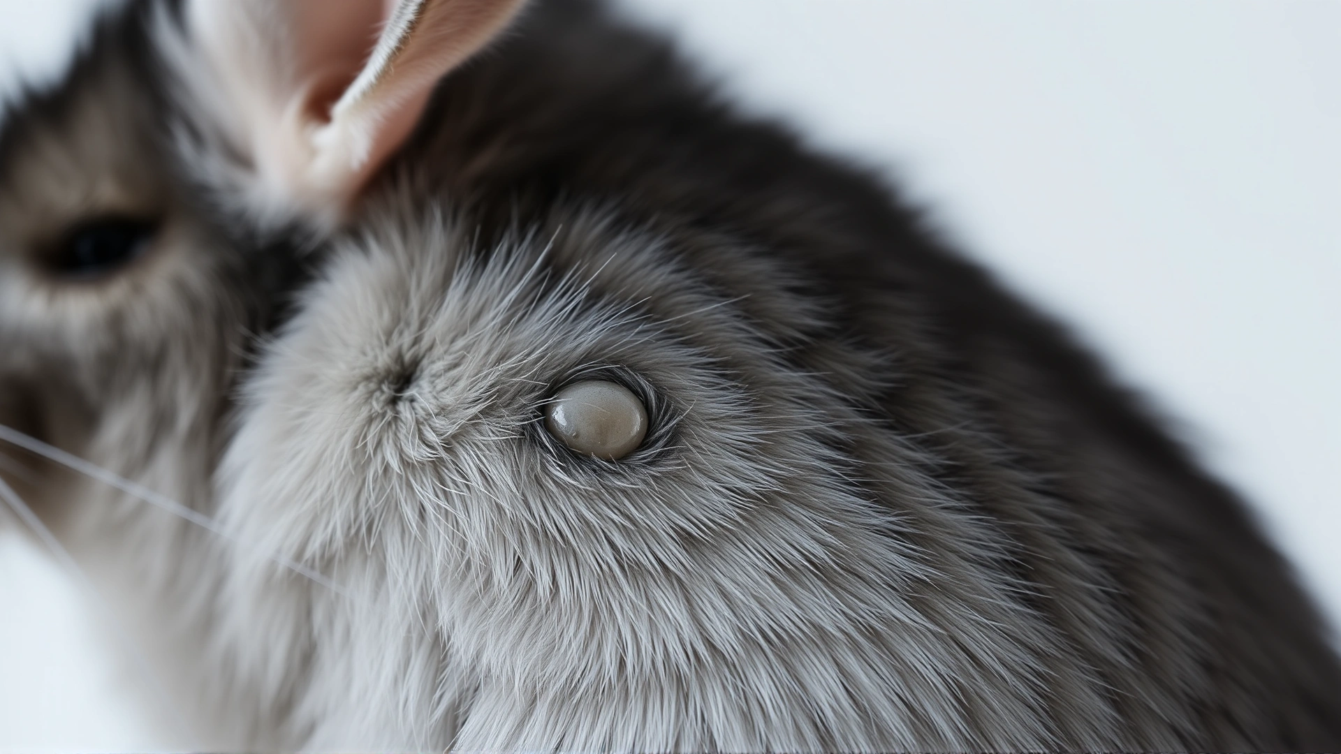 Macro shot of chinchilla fur highlighting a small lump under the skin to illustrate abscess signs, neutral background