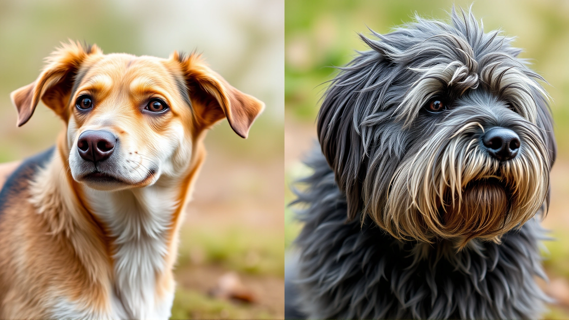 Side-by-side comparison of a young adult dog and a senior dog showing gray fur and slower posture, captured outdoors.