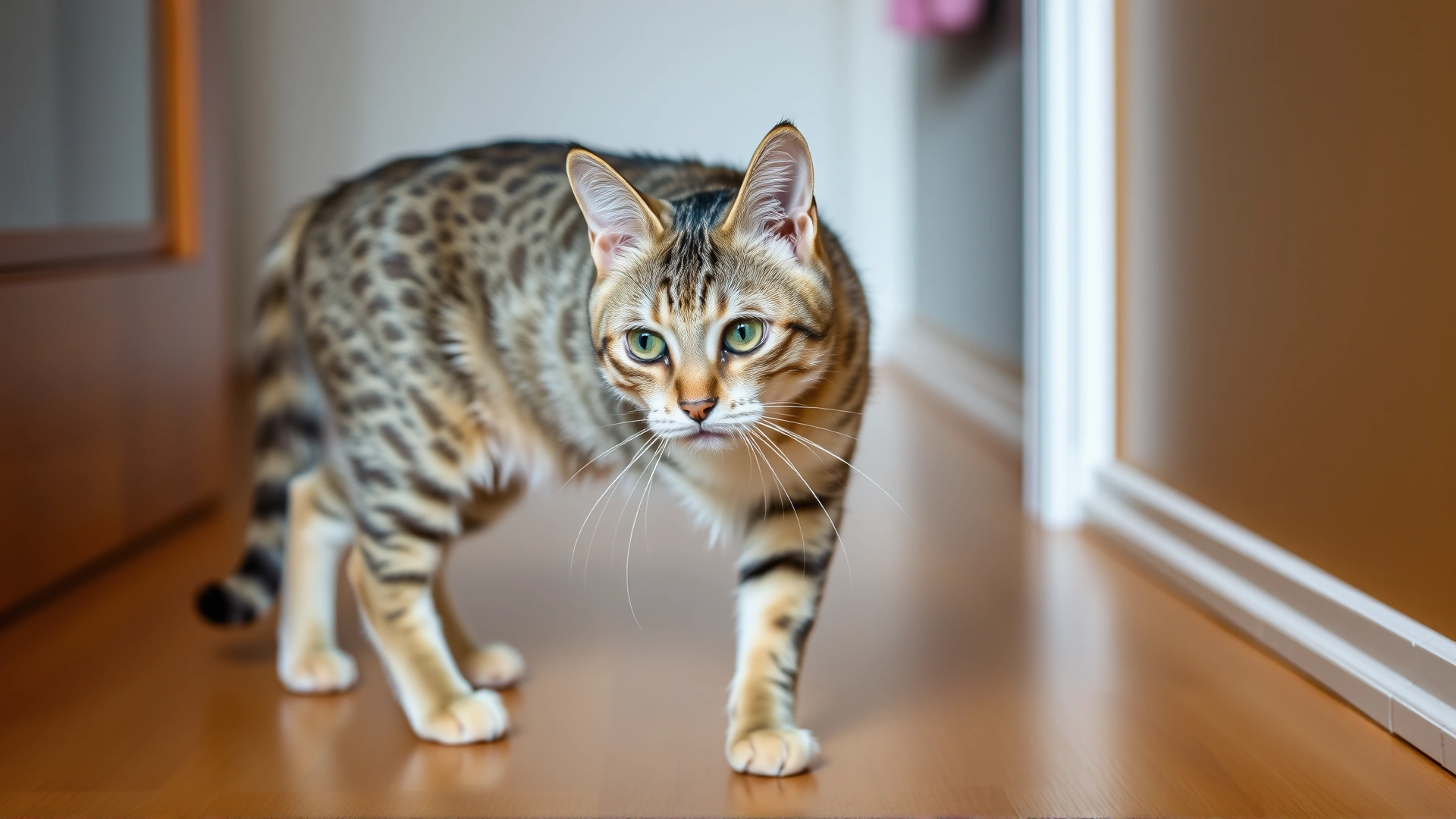 Photo of a domestic shorthair cat looking disoriented and slightly drooling while standing on a wooden floor, natural indoor lighting.