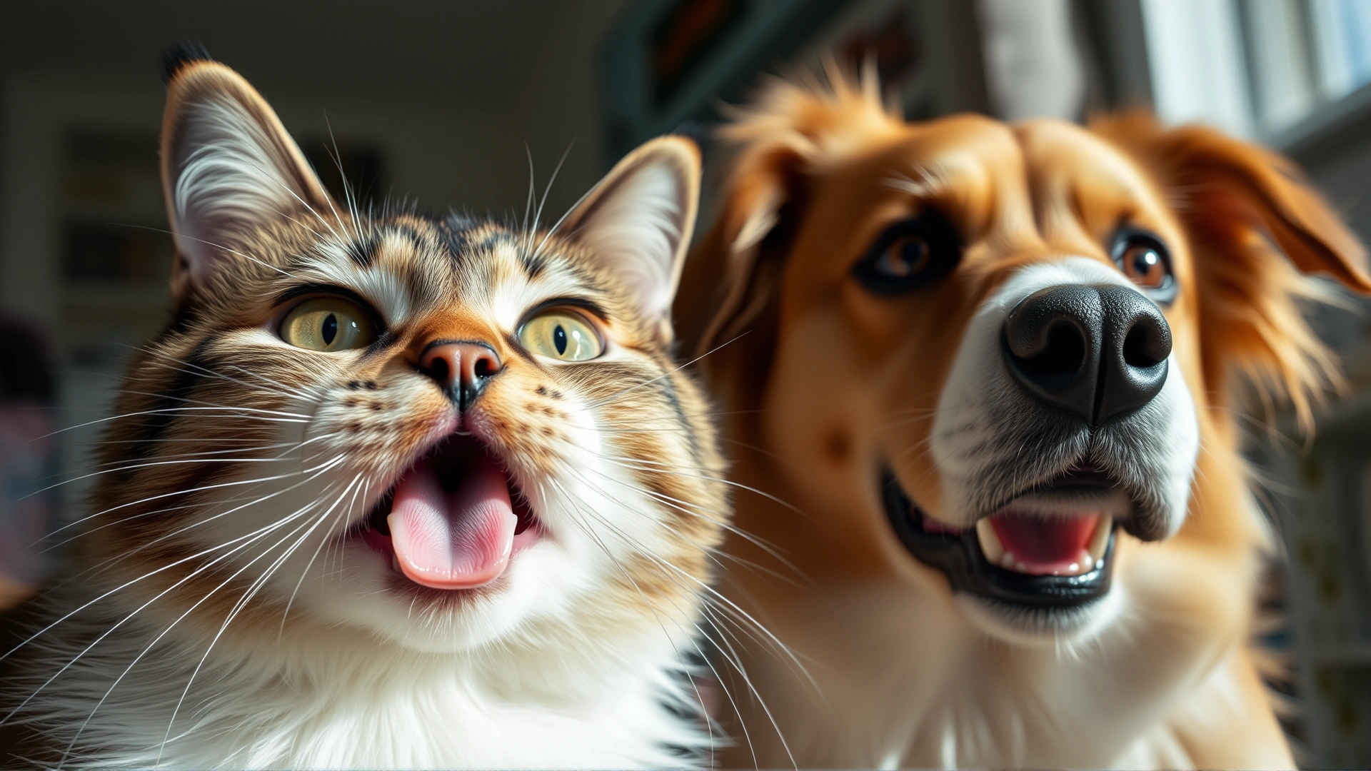 Close-up of a cat and a dog showing visible signs of distress such as panting and wide eyes, indoors, natural lighting